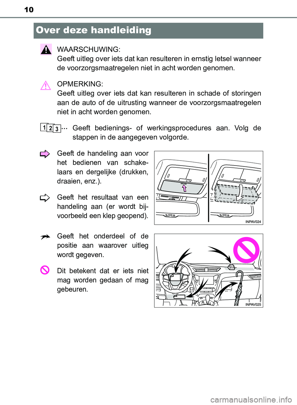 TOYOTA AVENSIS 2017 Instructieboekje (in Dutch) 10
AVENSIS_OM_OM20C66E_(EE)
Over deze handleiding
WAARSCHUWING:
Geeft uitleg over iets dat kan resulteren in ernstig letsel wanneer
de voorzorgsmaatregelen niet in acht worden genomen.
OPMERKING:
Ge TOYOTA AVENSIS 2017 Instructieboekje (in Dutch) 10
AVENSIS_OM_OM20C66E_(EE)
Over deze handleiding
WAARSCHUWING:
Geeft uitleg over iets dat kan resulteren in ernstig letsel wanneer
de voorzorgsmaatregelen niet in acht worden genomen.
OPMERKING:
Ge
