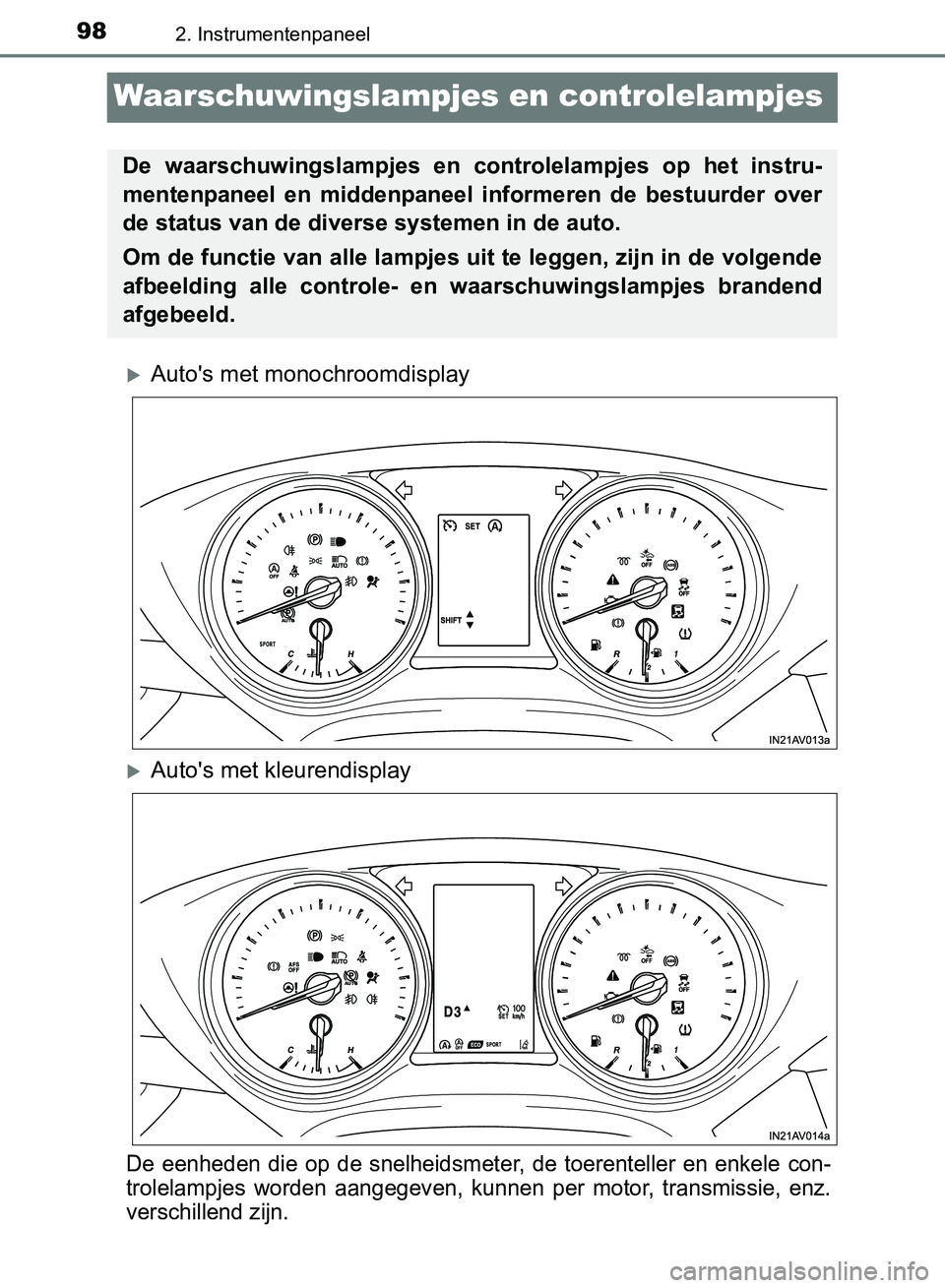 TOYOTA AVENSIS 2017 Instructieboekje (in Dutch) 982. Instrumentenpaneel
AVENSIS_OM_OM20C66E_(EE)
Waarschuwingslampjes en controlelampjes
Auto's met monochroomdisplay
Auto's met kleurendisplay
De eenheden die op de snelheidsmeter, TOYOTA AVENSIS 2017 Instructieboekje (in Dutch) 982. Instrumentenpaneel
AVENSIS_OM_OM20C66E_(EE)
Waarschuwingslampjes en controlelampjes
Auto's met monochroomdisplay
Auto's met kleurendisplay
De eenheden die op de snelheidsmeter,