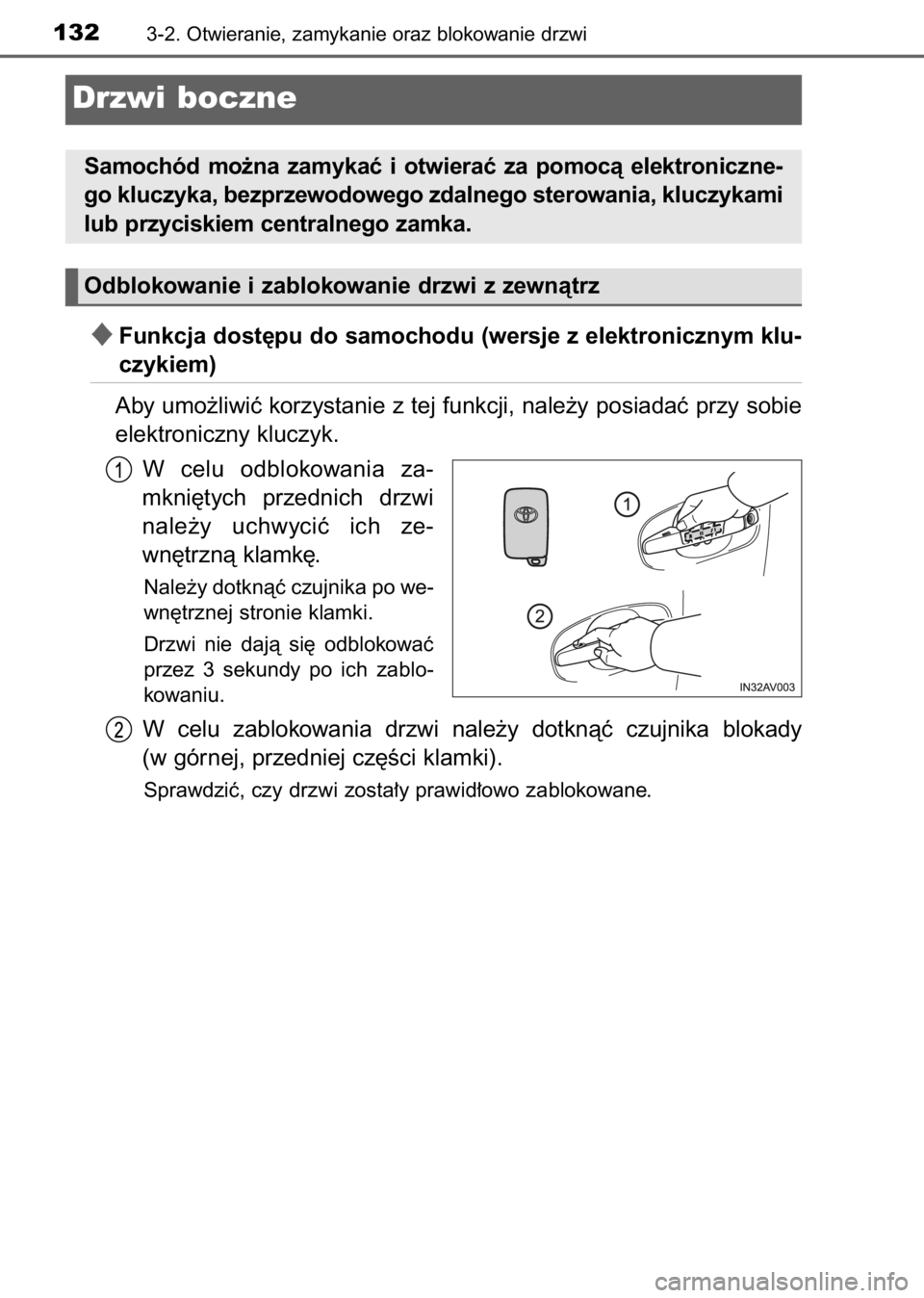 TOYOTA AVENSIS 2017  Instrukcja obsługi (in Polish) Funkcja dost´pu do samochodu (wersje z elektronicznym klu-
czykiem)
Aby umo˝liwiç korzystanie z tej funkcji, nale˝y posiadaç przy sobie
elektroniczny kluczyk.
W celu  odblokowania  za-
mkni´tyc
