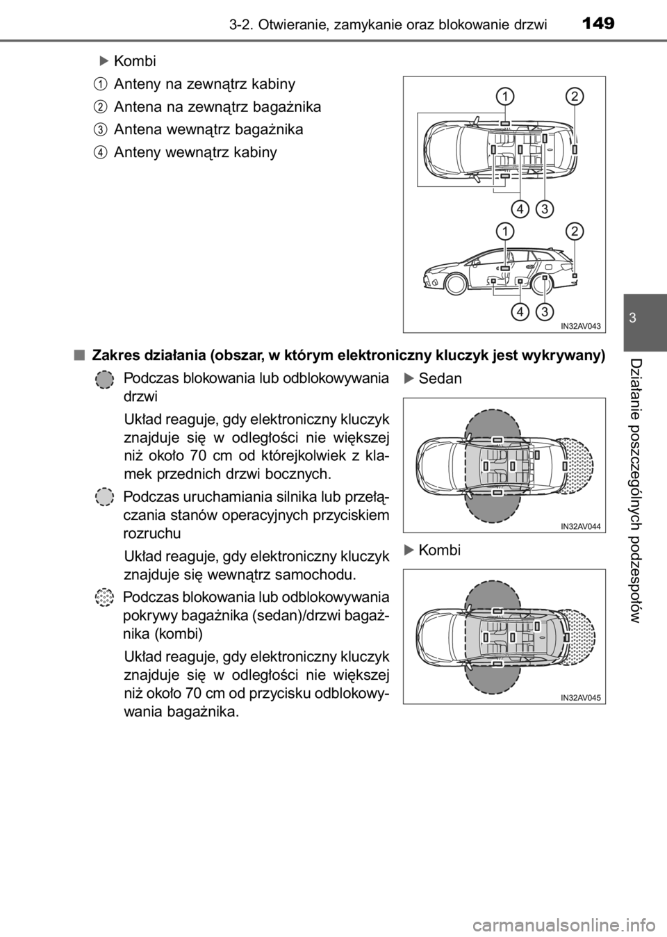 TOYOTA AVENSIS 2017  Instrukcja obsługi (in Polish) ó Kombi
Anteny na zewnàtrz kabiny
Antena na zewnàtrz baga˝nika
Antena wewnàtrz baga˝nika
Anteny wewnàtrz kabiny
Zakres dzia∏ania (obszar, w którym elektroniczny kluczyk jest wykrywany)
Podcz
