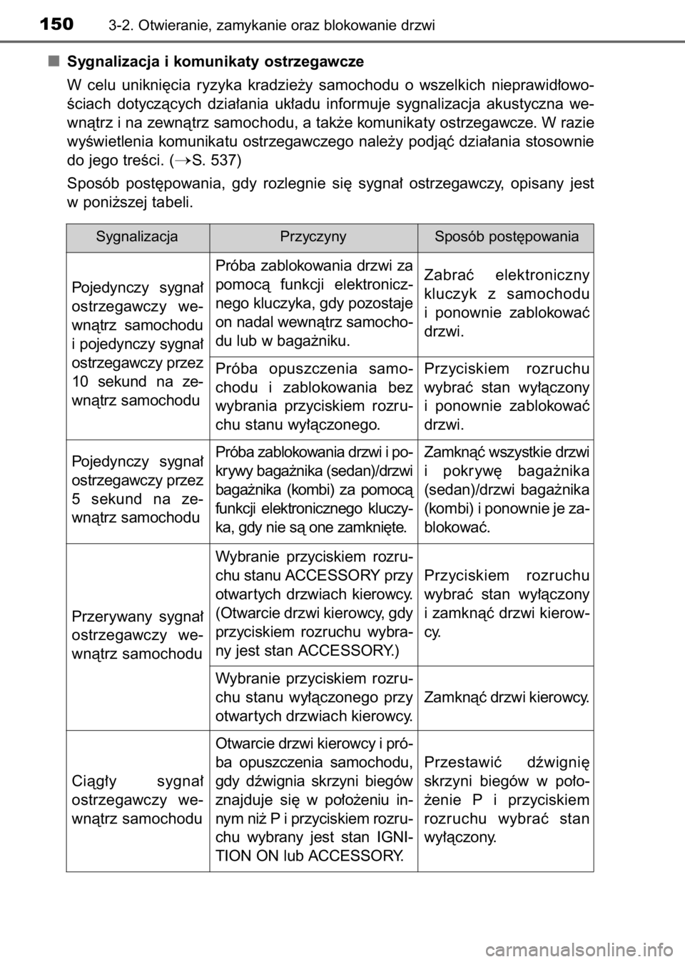 TOYOTA AVENSIS 2017  Instrukcja obsługi (in Polish) Sygnalizacja i komunikaty ostrzegawcze
W celu  unikni´cia  ryzyka  kradzie˝y  samochodu  o wszelkich  nieprawid∏owo-
Êciach  dotyczàcych  dzia∏ania  uk∏adu  informuje  sygnalizacja  akustycz