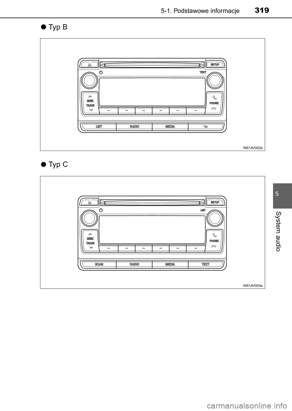 TOYOTA AVENSIS 2017  Instrukcja obsługi (in Polish) Typ B
Typ C
5-1. Podstawowe informacje319
5
System audio
71 AVENSIS 20C66E  1/9/17  4:27 PM  Page 319    (Black plate) 