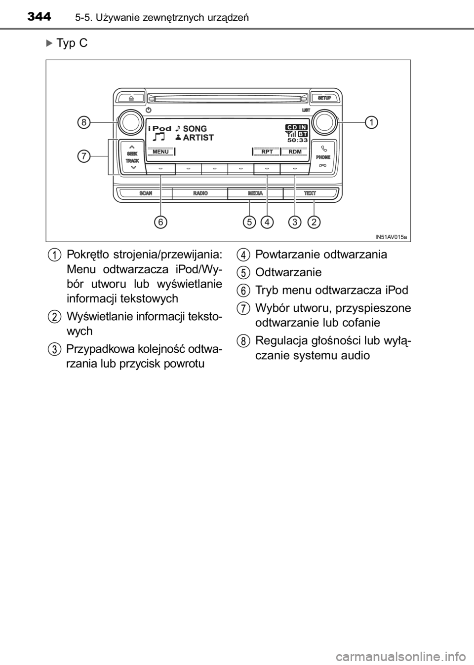 TOYOTA AVENSIS 2017  Instrukcja obsługi (in Polish) ó Typ C
3445-5. U˝ywanie zewn´trznych urzàdzeƒ
Pokr´t∏o  strojenia/przewijania:
Menu  odtwarzacza  iPod/Wy-
bór  utworu  lub  wyÊwietlanie
informacji tekstowych
WyÊwietlanie informacji teks