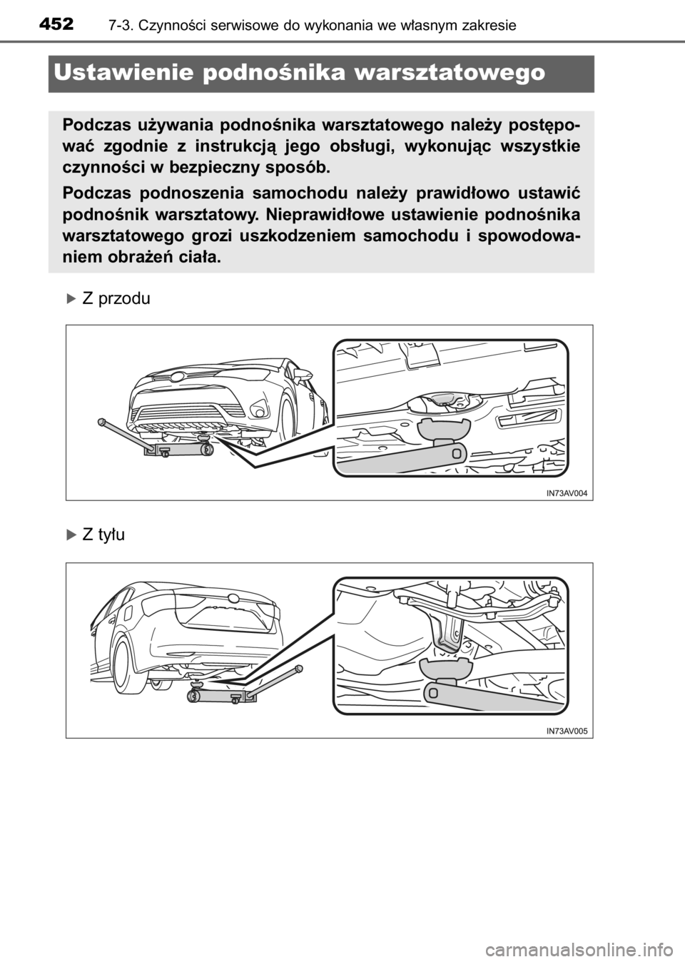 TOYOTA AVENSIS 2017  Instrukcja obsługi (in Polish) óZ przodu
óZ ty∏u
4527-3. CzynnoÊci serwisowe do wykonania we w∏asnym zakresie
Ustawienie podnoÊnika warsztatowego
Podczas  u˝ywania  podnoÊnika  warsztatowego  nale˝y  post´po-
waç  zgod