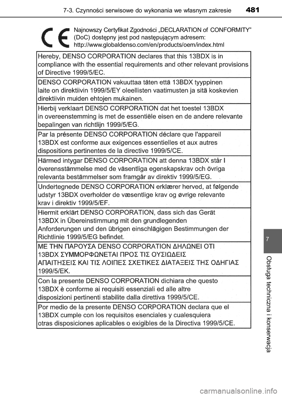TOYOTA AVENSIS 2017  Instrukcja obsługi (in Polish) 7-3. CzynnoÊci serwisowe do wykonania we w∏asnym zakresie481
7
Obs∏uga techniczna i konserwacja
Najnowszy Cer tyfikat ZgodnoÊci „DECLARATION of CONFORMITY”
(DoC) dost´pny jest pod nast´puj