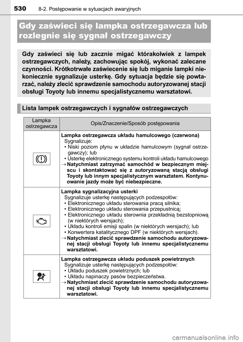 TOYOTA AVENSIS 2017  Instrukcja obsługi (in Polish) 5308-2. Post´powanie w sytuacjach awaryjnych
Lampka ostrzegawcza uk∏adu hamulcowego (czerwona)
Sygnalizuje:
• Niski  poziom  p∏ynu  w uk∏adzie  hamulcowym  (sygna∏  ostrze-
gawczy); lub
•