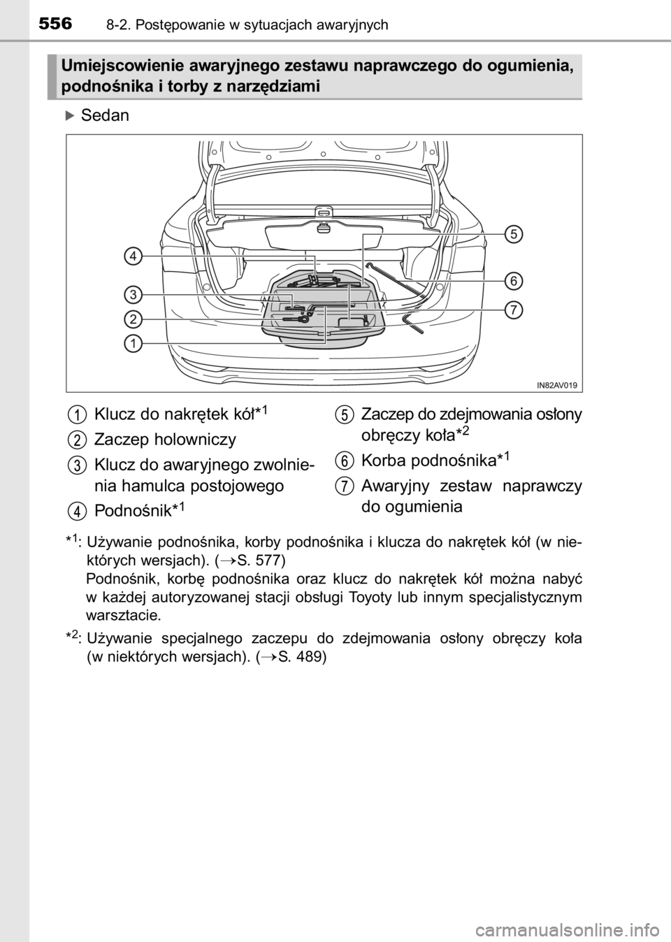 TOYOTA AVENSIS 2017  Instrukcja obsługi (in Polish) óSedan
*1: U˝ywanie  podnoÊnika,  korby  podnoÊnika  i klucza  do  nakr´tek  kó∏  (w nie-
których wersjach). (
S. 577)
PodnoÊnik,  korb´  podnoÊnika  oraz  klucz  do  nakr´tek  kó∏  m
