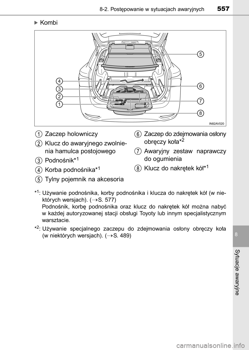 TOYOTA AVENSIS 2017  Instrukcja obsługi (in Polish) óKombi
*1: U˝ywanie  podnoÊnika,  korby  podnoÊnika  i klucza  do  nakr´tek  kó∏  (w nie-
których wersjach). (
S. 577)
PodnoÊnik,  korb´  podnoÊnika  oraz  klucz  do  nakr´tek  kó∏  m