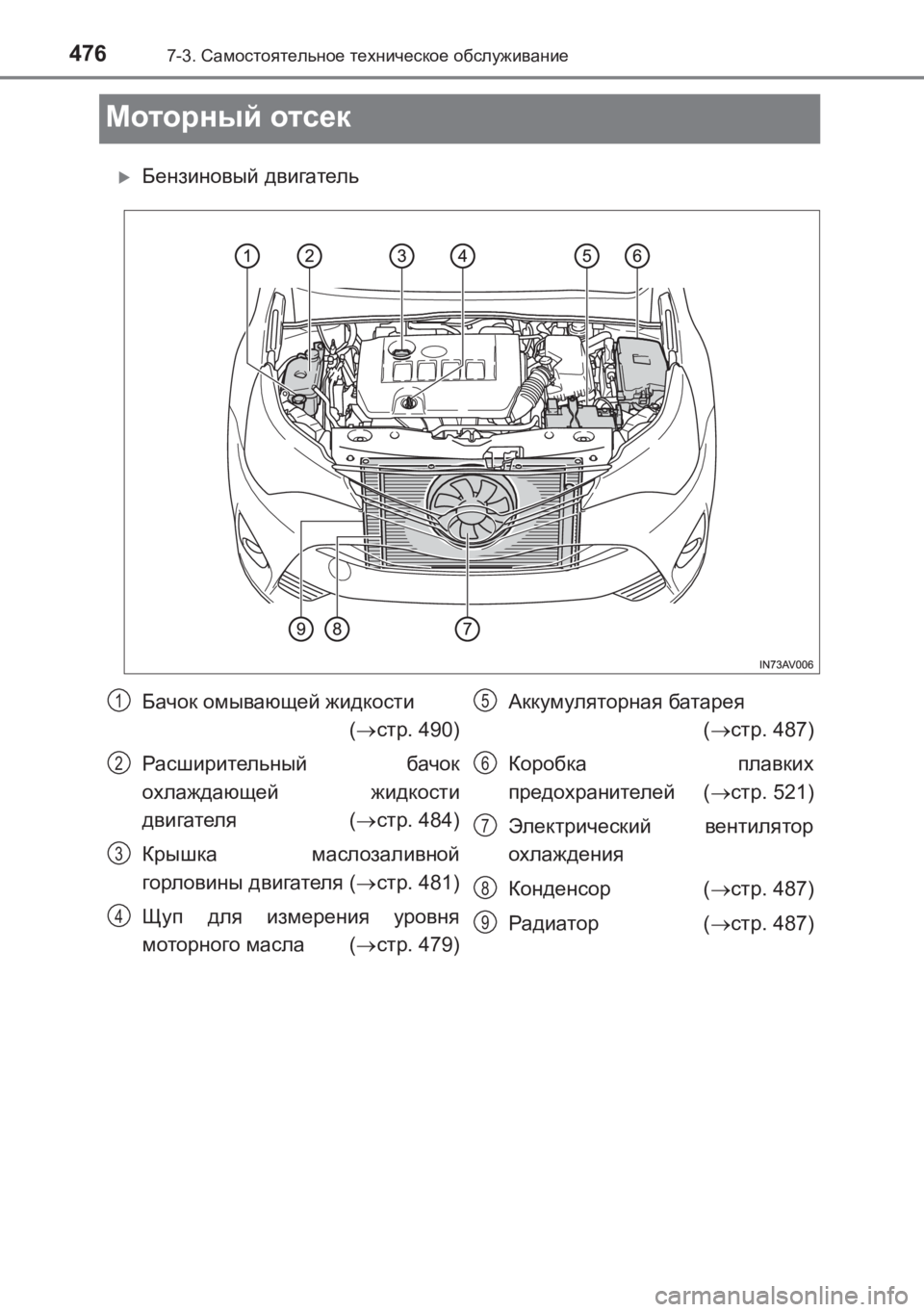 TOYOTA AVENSIS 2017  Руково 4767-3. Самостоятельное  техническое  обслуживание
AVENSIS_OM_OM20C74R_(RR)
Моторный  отсек
�XБензиновый  двигатель
Бачок  о