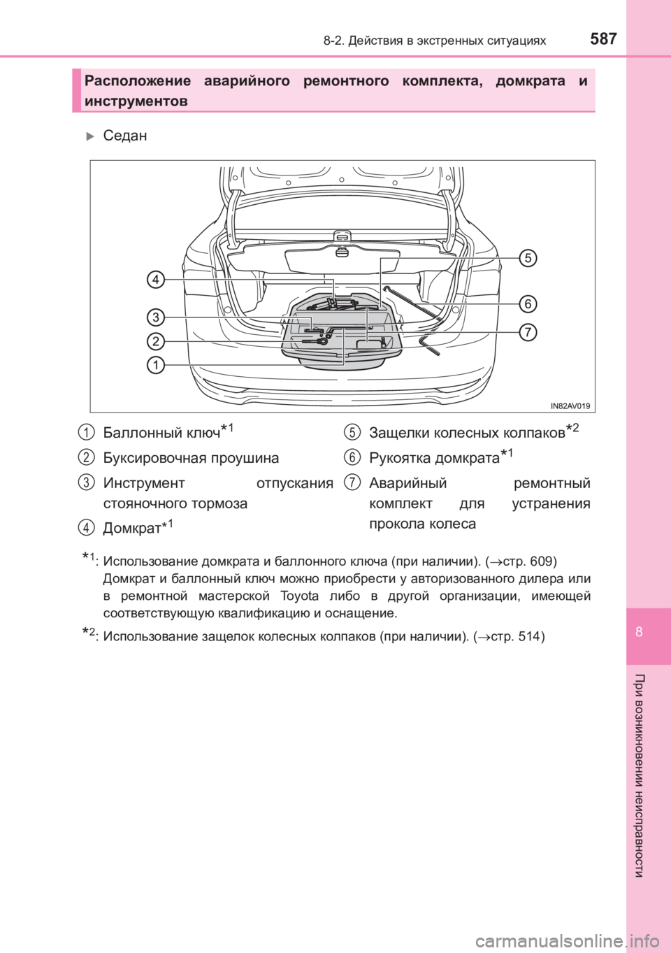 TOYOTA AVENSIS 2017  Руково 5878-2. Действия  в  экстренных  ситуациях
AVENSIS_OM_OM20C74R_(RR)
8
При  возникновении  неисправности
�XСедан
*1:Использован