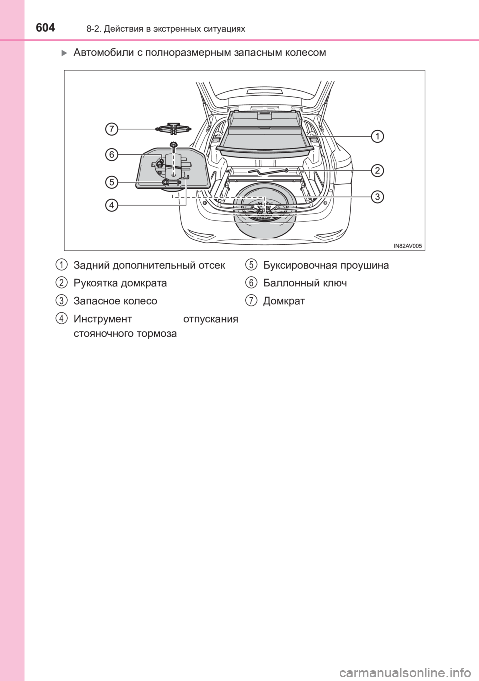 TOYOTA AVENSIS 2017  Руково 6048-2. Действия  в  экстренных  ситуациях
AVENSIS_OM_OM20C74R_(RR)
�XАвтомобили  с  полноразмерным  запасным  колесом
Задний 