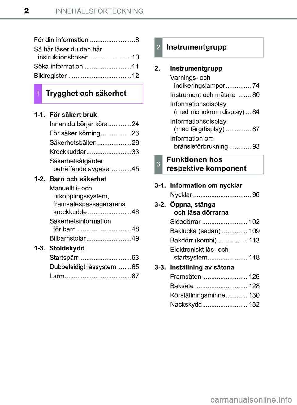 TOYOTA AVENSIS 2017 Bruksanvisningar (in Swedish) INNEHÅLLSFÖRTECKNING2
OM20C66SEFör din information .........................8
Så här läser du den här
instruktionsboken .......................10
Söka information ..........................11 TOYOTA AVENSIS 2017 Bruksanvisningar (in Swedish) INNEHÅLLSFÖRTECKNING2
OM20C66SEFör din information .........................8
Så här läser du den här
instruktionsboken .......................10
Söka information ..........................11