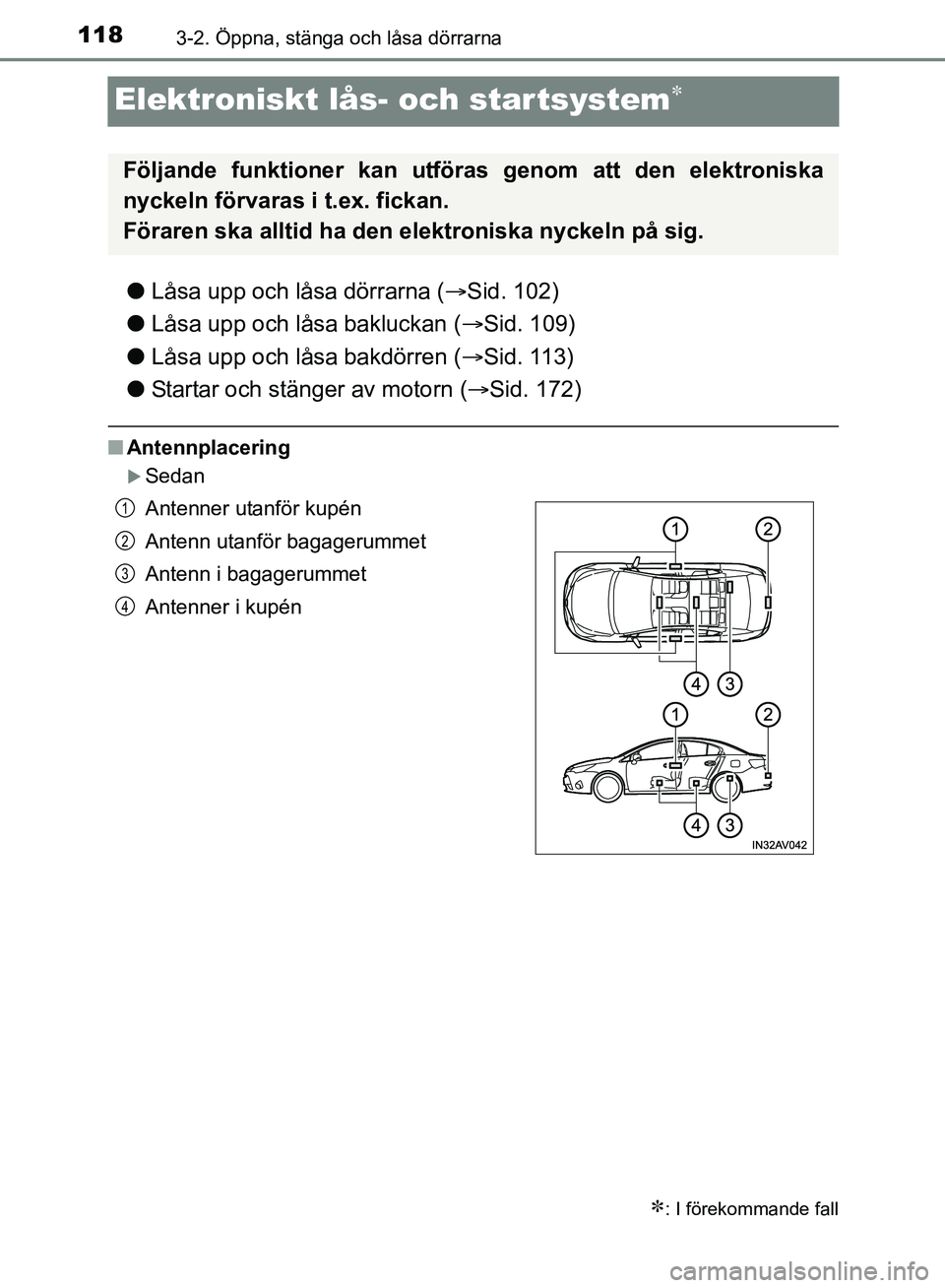 TOYOTA AVENSIS 2017 Bruksanvisningar (in Swedish) 1183-2. Öppna, stänga och låsa dörrarna
OM20C66SE
Elektroniskt lås- och startsystem
lLåsa upp och låsa dörrarna ( Sid. 102)
l Låsa upp och låsa bakluckan ( Sid. 109)
l Låsa upp och TOYOTA AVENSIS 2017 Bruksanvisningar (in Swedish) 1183-2. Öppna, stänga och låsa dörrarna
OM20C66SE
Elektroniskt lås- och startsystem
lLåsa upp och låsa dörrarna ( Sid. 102)
l Låsa upp och låsa bakluckan ( Sid. 109)
l Låsa upp och