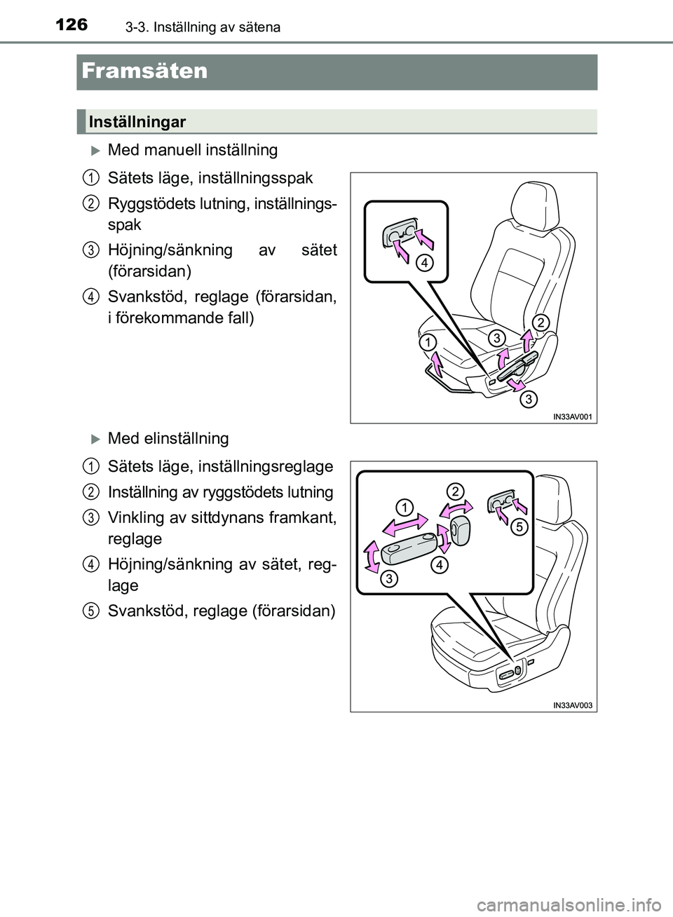 TOYOTA AVENSIS 2017 Bruksanvisningar (in Swedish) 1263-3. Inställning av sätena
OM20C66SE
Framsäten
Med manuell inställning
Sätets läge, inställningsspak
Ryggstödets lutning, inställnings-
spak
Höjning/sänkning av sätet
(förarsidan)
S TOYOTA AVENSIS 2017 Bruksanvisningar (in Swedish) 1263-3. Inställning av sätena
OM20C66SE
Framsäten
Med manuell inställning
Sätets läge, inställningsspak
Ryggstödets lutning, inställnings-
spak
Höjning/sänkning av sätet
(förarsidan)
S