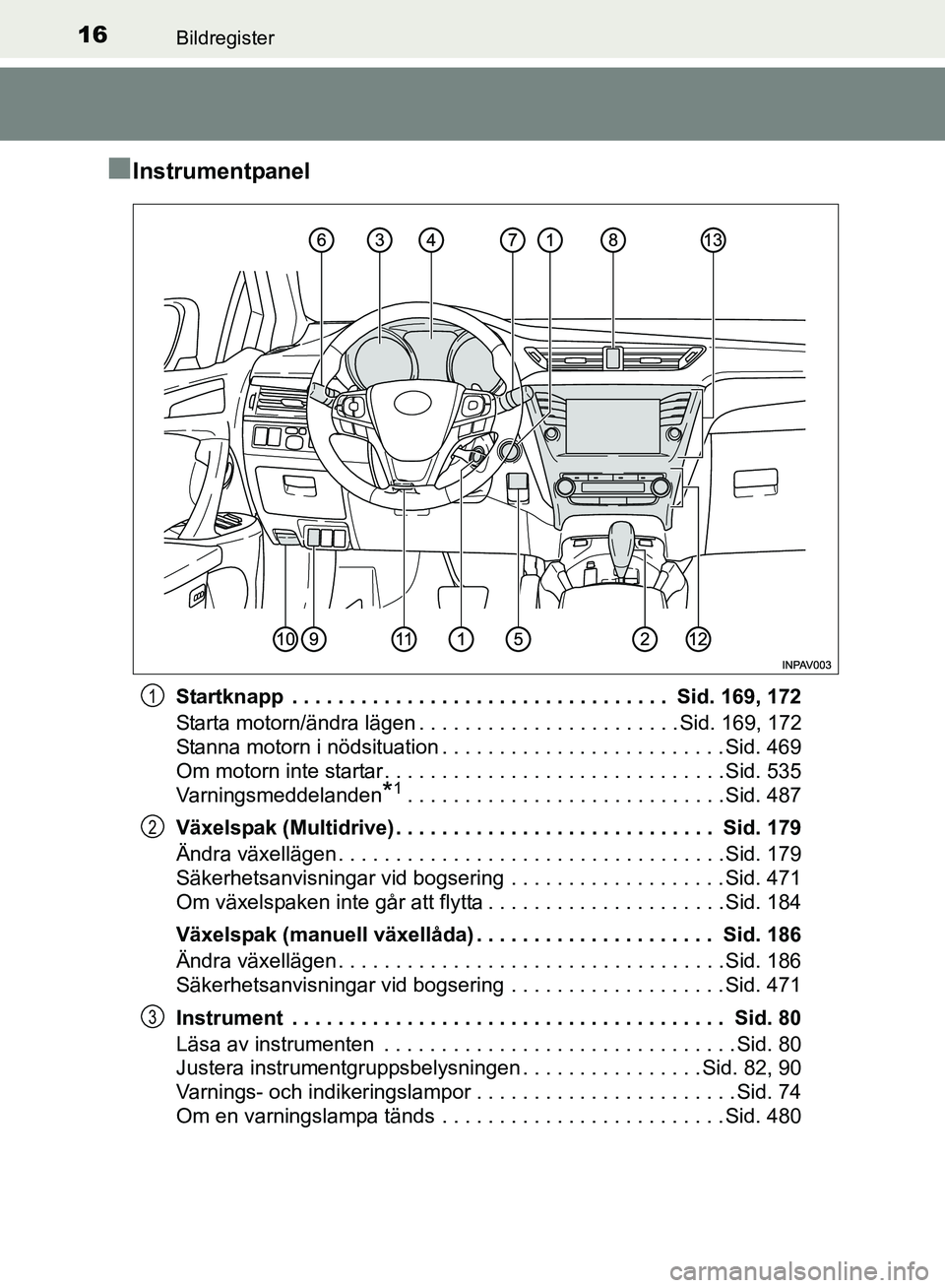 TOYOTA AVENSIS 2017 Bruksanvisningar (in Swedish) 16Bildregister
OM20C66SE
nInstrumentpanel
Startknapp . . . . . . . . . . . . . . . . . . . . . . . . . . . . . . . . . Sid. 169, 172
Starta motorn/ändra lägen . . . . . . . . . . . . . . . . . . . TOYOTA AVENSIS 2017 Bruksanvisningar (in Swedish) 16Bildregister
OM20C66SE
nInstrumentpanel
Startknapp . . . . . . . . . . . . . . . . . . . . . . . . . . . . . . . . . Sid. 169, 172
Starta motorn/ändra lägen . . . . . . . . . . . . . . . . . . .