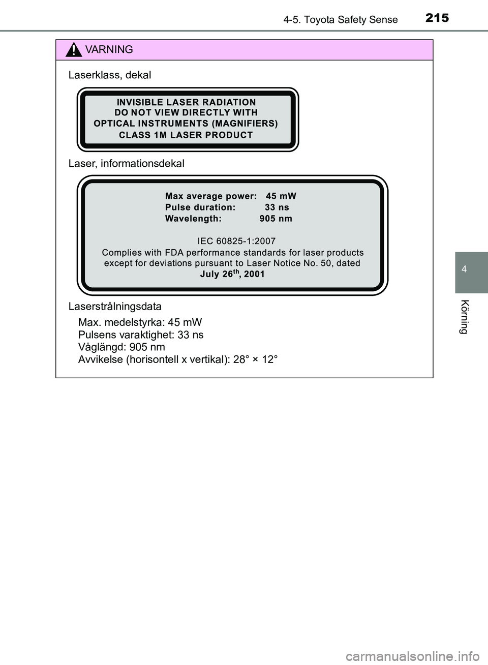 TOYOTA AVENSIS 2017 Bruksanvisningar (in Swedish) 2154-5. Toyota Safety Sense
4
Körning
OM20C66SE
VA R N I N G
Laserklass, dekal
Laser, informationsdekal
LaserstrålningsdataMax. medelstyrka: 45 mW
Pulsens varaktighet: 33 ns
Våglängd: 905 nm
Avvik TOYOTA AVENSIS 2017 Bruksanvisningar (in Swedish) 2154-5. Toyota Safety Sense
4
Körning
OM20C66SE
VA R N I N G
Laserklass, dekal
Laser, informationsdekal
LaserstrålningsdataMax. medelstyrka: 45 mW
Pulsens varaktighet: 33 ns
Våglängd: 905 nm
Avvik