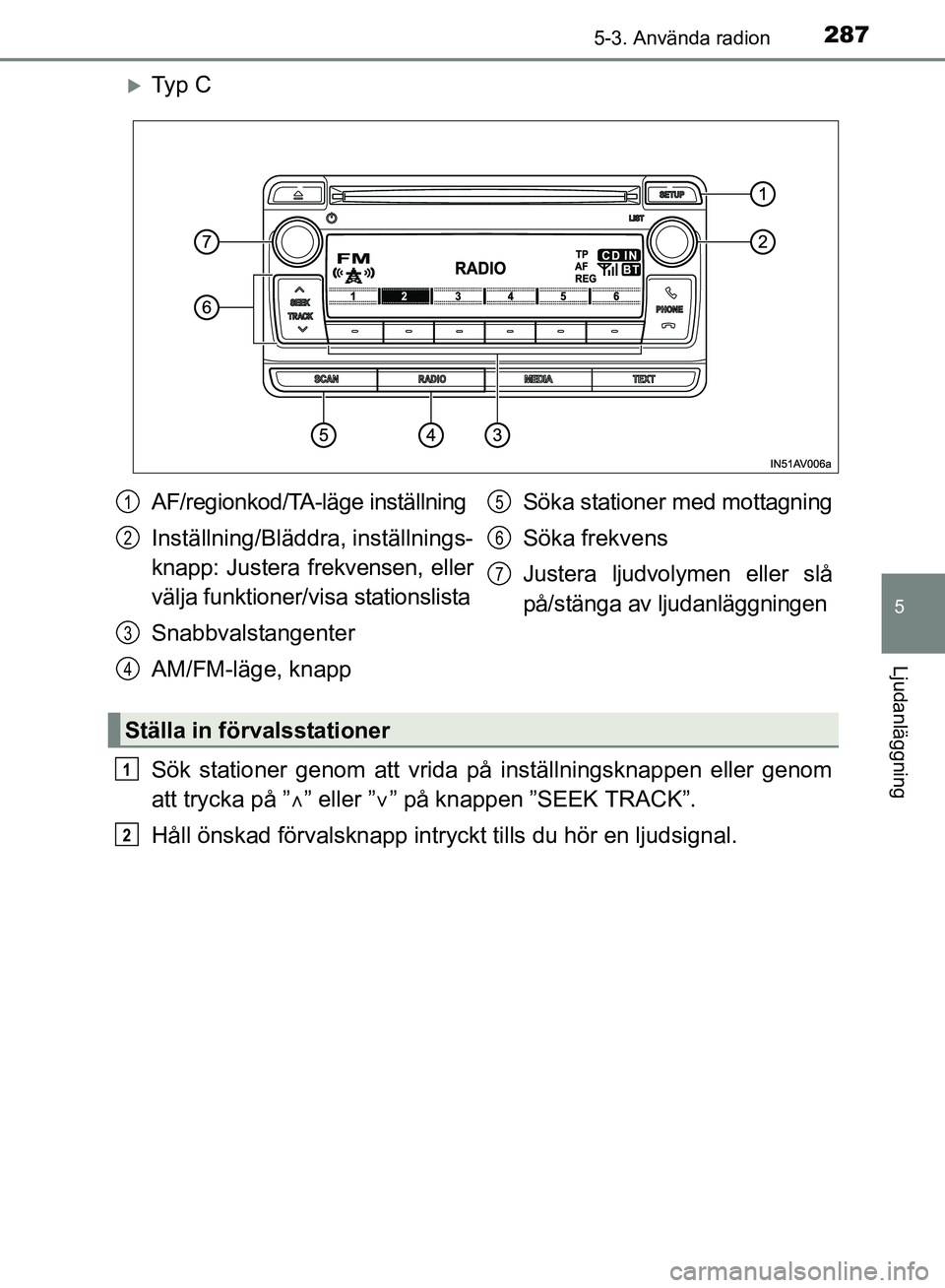 TOYOTA AVENSIS 2017 Bruksanvisningar (in Swedish) 2875-3. Använda radion
5
Ljudanläggning
OM20C66SE
Ty p C
Sök stationer genom att vrida på inställningsknappen eller genom
att trycka på ”” eller ” ” på knappen ”SEEK TRACK TOYOTA AVENSIS 2017 Bruksanvisningar (in Swedish) 2875-3. Använda radion
5
Ljudanläggning
OM20C66SE
Ty p C
Sök stationer genom att vrida på inställningsknappen eller genom
att trycka på ”” eller ” ” på knappen ”SEEK TRACK