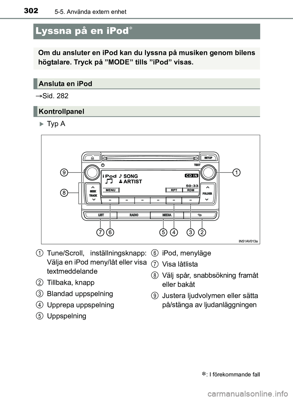 TOYOTA AVENSIS 2017 Bruksanvisningar (in Swedish) 3025-5. Använda extern enhet
OM20C66SE
Lyssna på en iPod
Sid. 282
Ty p A
: I förekommande fall
Om du ansluter en iPod kan du lyssna på musiken genom bilens
högtalare. Tryck på ”M TOYOTA AVENSIS 2017 Bruksanvisningar (in Swedish) 3025-5. Använda extern enhet
OM20C66SE
Lyssna på en iPod
Sid. 282
Ty p A
: I förekommande fall
Om du ansluter en iPod kan du lyssna på musiken genom bilens
högtalare. Tryck på ”M