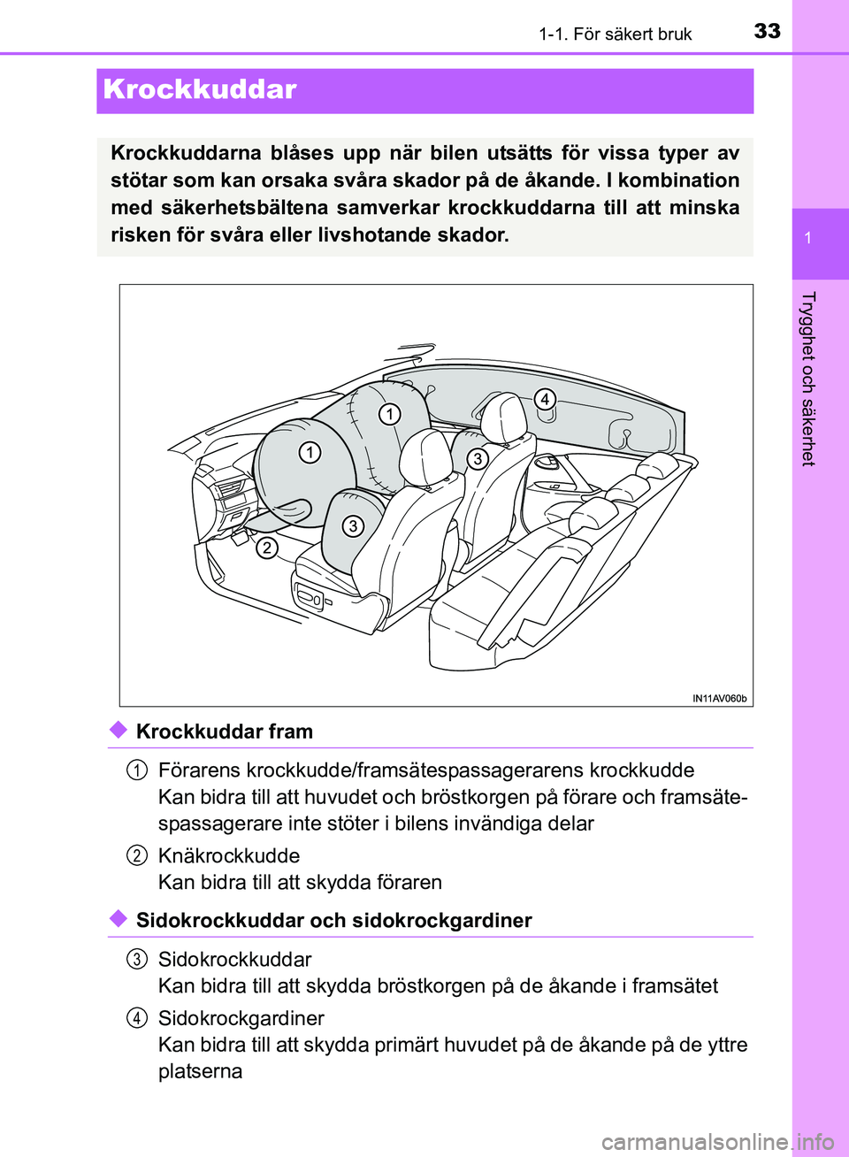 TOYOTA AVENSIS 2017 Bruksanvisningar (in Swedish) 331-1. För säkert bruk
1
Trygghet och säkerhet
OM20C66SE
Krockkuddar
uKrockkuddar framFörarens krockkudde/framsätespassagerarens krockkudde
Kan bidra till att huvudet och brös tkorgen på förar TOYOTA AVENSIS 2017 Bruksanvisningar (in Swedish) 331-1. För säkert bruk
1
Trygghet och säkerhet
OM20C66SE
Krockkuddar
uKrockkuddar framFörarens krockkudde/framsätespassagerarens krockkudde
Kan bidra till att huvudet och brös tkorgen på förar