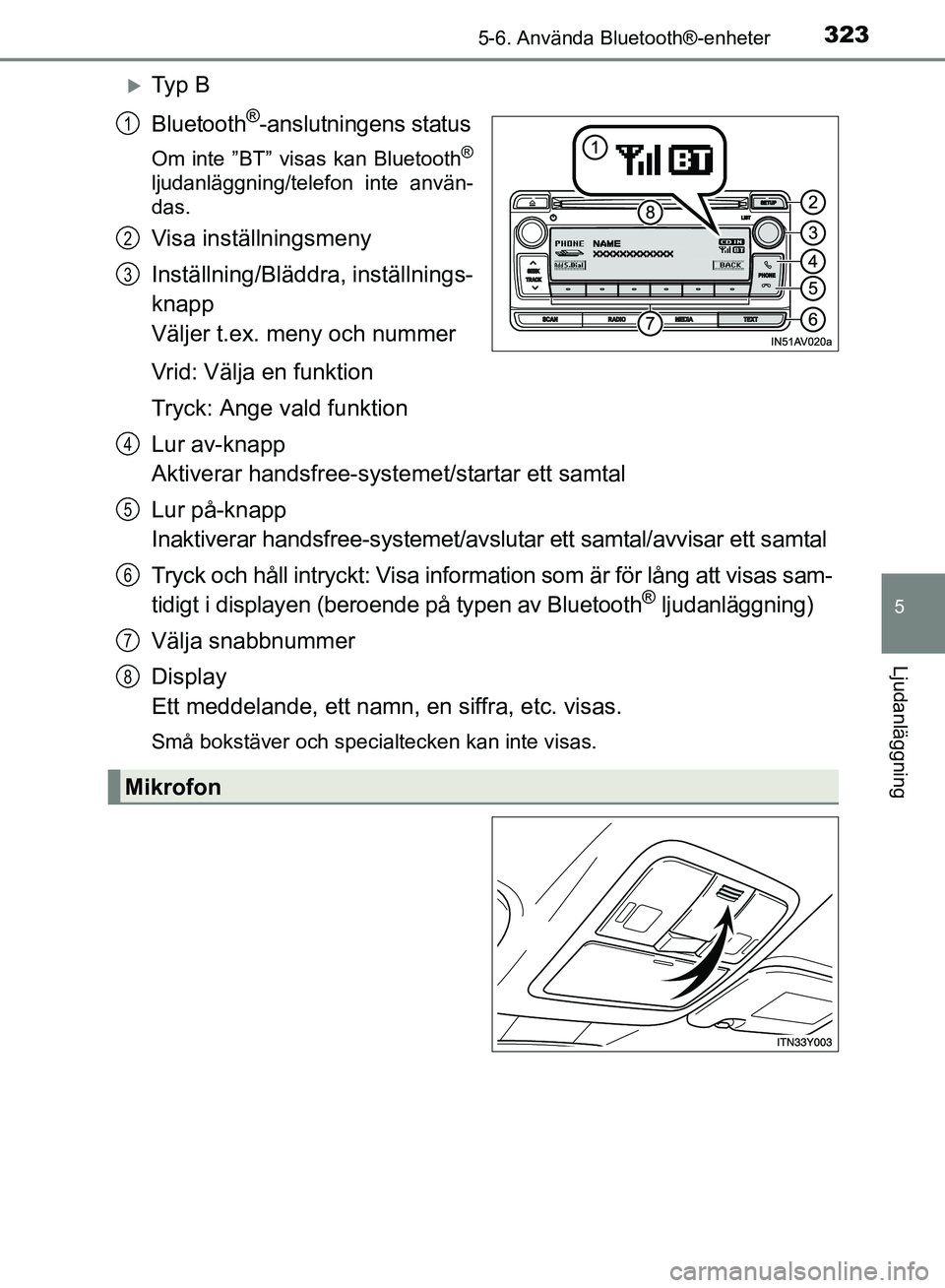 TOYOTA AVENSIS 2017 Bruksanvisningar (in Swedish) 3235-6. Använda Bluetooth®-enheter
5
Ljudanläggning
OM20C66SE
Ty p B
Bluetooth
®-anslutningens status
Om inte ”BT” visas kan Bluetooth®
ljudanläggning/telefon inte använ-
das.
Visa inst TOYOTA AVENSIS 2017 Bruksanvisningar (in Swedish) 3235-6. Använda Bluetooth®-enheter
5
Ljudanläggning
OM20C66SE
Ty p B
Bluetooth
®-anslutningens status
Om inte ”BT” visas kan Bluetooth®
ljudanläggning/telefon inte använ-
das.
Visa inst