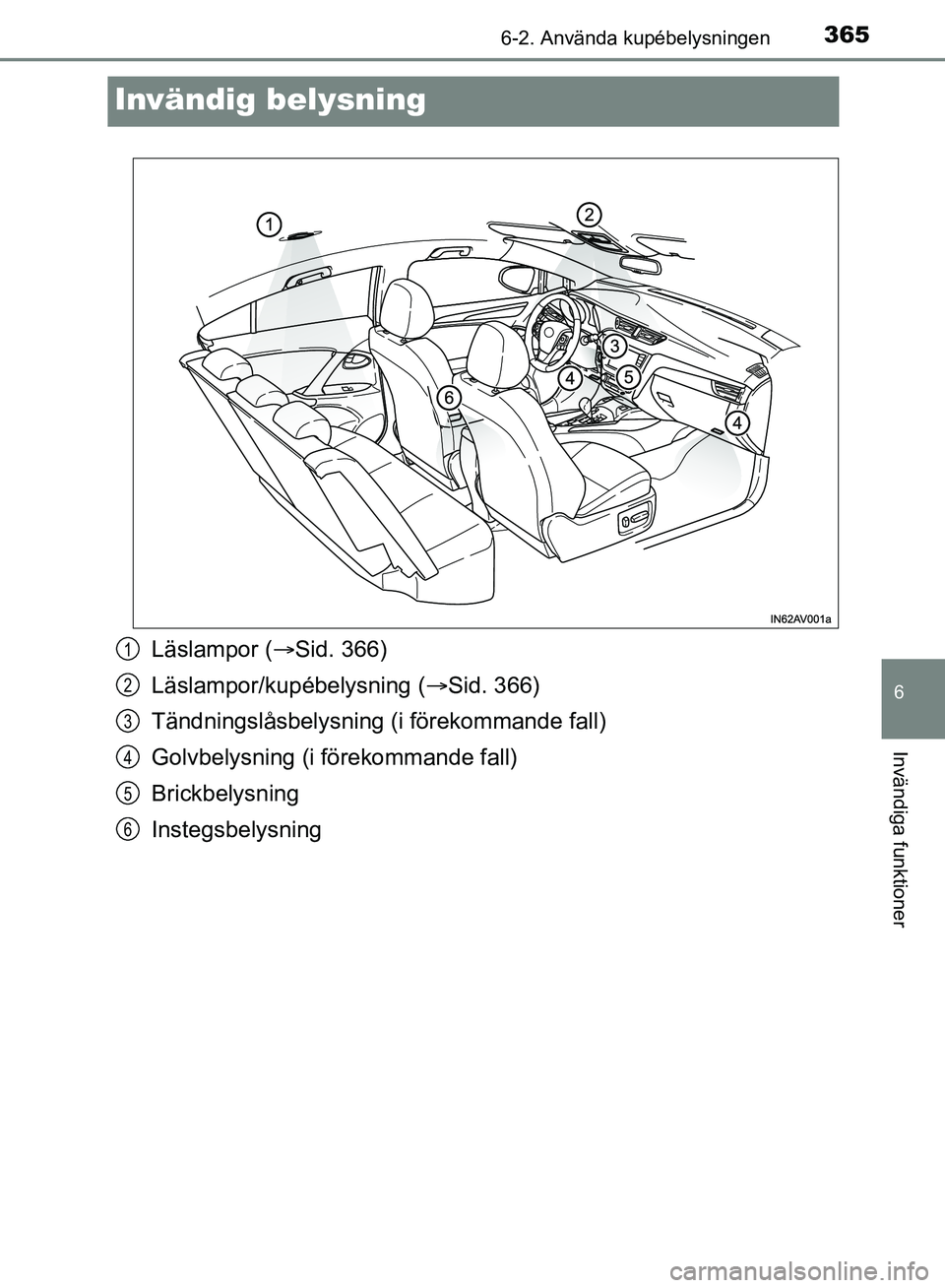 TOYOTA AVENSIS 2017 Bruksanvisningar (in Swedish) 3656-2. Använda kupébelysningen
OM20C66SE
6
Invändiga funktioner
Invändig belysning
Läslampor (Sid. 366)
Läslampor/kupébelysning ( Sid. 366)
Tändningslåsbelysning (i förekommande fall) TOYOTA AVENSIS 2017 Bruksanvisningar (in Swedish) 3656-2. Använda kupébelysningen
OM20C66SE
6
Invändiga funktioner
Invändig belysning
Läslampor (Sid. 366)
Läslampor/kupébelysning ( Sid. 366)
Tändningslåsbelysning (i förekommande fall)