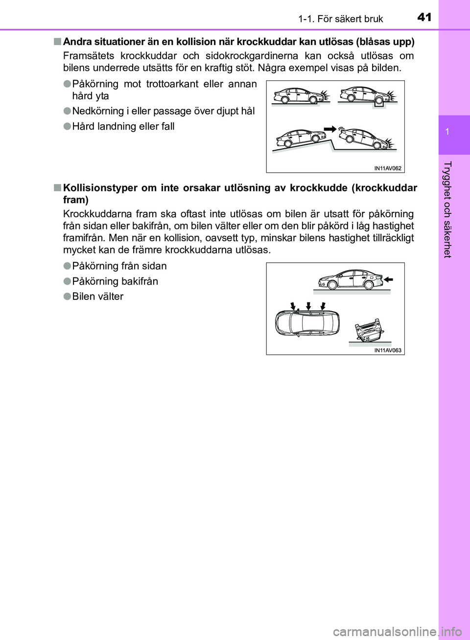 TOYOTA AVENSIS 2017 Bruksanvisningar (in Swedish) 411-1. För säkert bruk
1
OM20C66SE
Trygghet och säkerhet
nAndra situationer än en kollision nä r krockkuddar kan utlösas (blåsas upp)
Framsätets krockkuddar och sidokrockgardinerna kan också TOYOTA AVENSIS 2017 Bruksanvisningar (in Swedish) 411-1. För säkert bruk
1
OM20C66SE
Trygghet och säkerhet
nAndra situationer än en kollision nä r krockkuddar kan utlösas (blåsas upp)
Framsätets krockkuddar och sidokrockgardinerna kan också