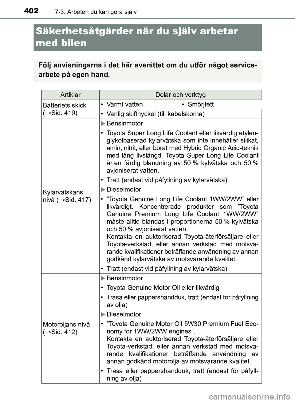 TOYOTA AVENSIS 2017  Bruksanvisningar (in Swedish) 4027-3. Arbeten du kan göra själv
OM20C66SE
Säkerhetsåtgärder när du själv arbetar 
med bilen
Följ anvisningarna i det här avsni ttet om du utför något service-
arbete på egen hand.
Artikl