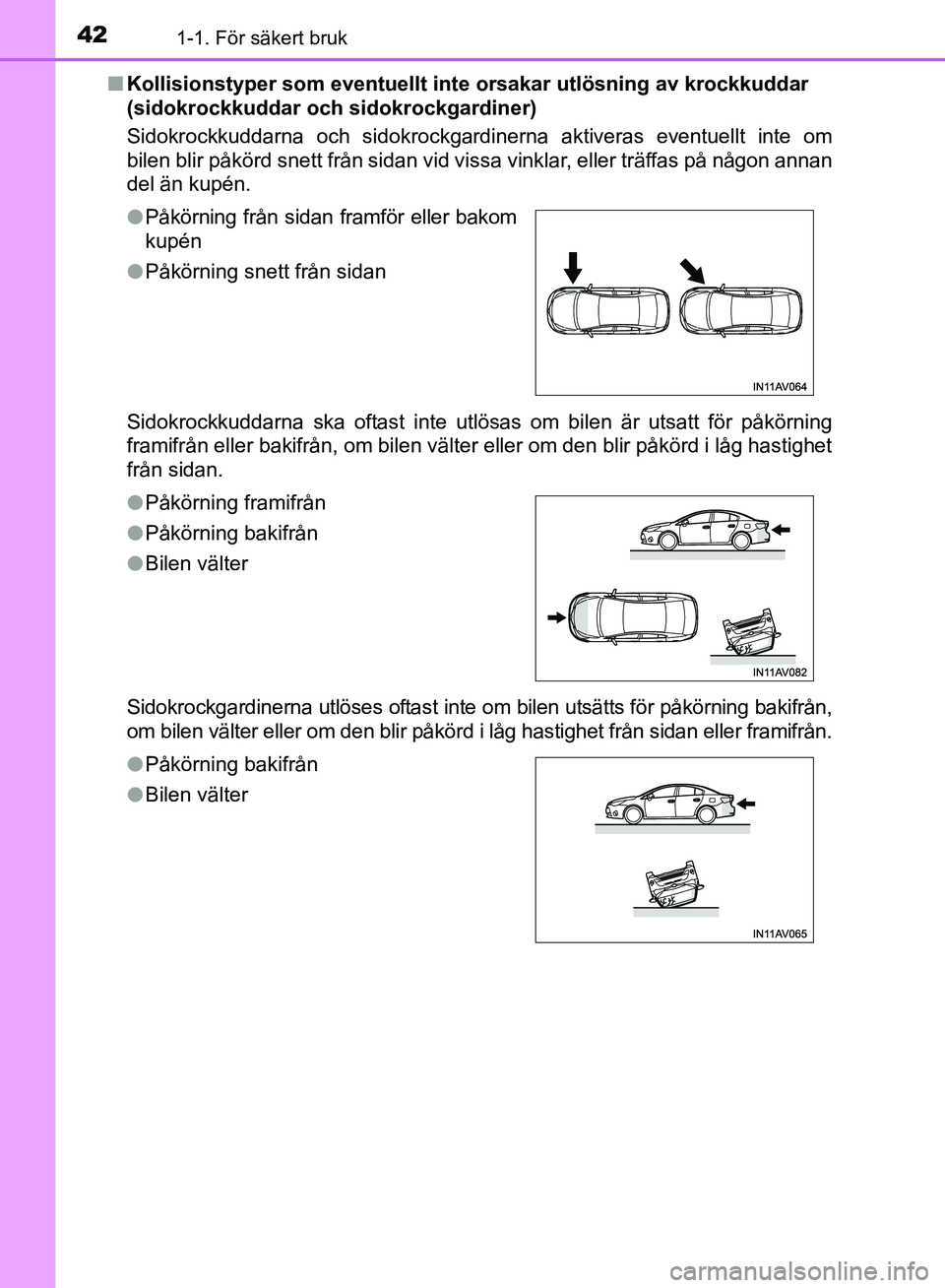 TOYOTA AVENSIS 2017 Bruksanvisningar (in Swedish) 421-1. För säkert bruk
OM20C66SEn
Kollisionstyper som eventuellt inte orsakar utlösning av krockkuddar
(sidokrockkuddar och sidokrockgardiner)
Sidokrockkuddarna och sidokrockgardinerna aktiveras TOYOTA AVENSIS 2017 Bruksanvisningar (in Swedish) 421-1. För säkert bruk
OM20C66SEn
Kollisionstyper som eventuellt inte orsakar utlösning av krockkuddar
(sidokrockkuddar och sidokrockgardiner)
Sidokrockkuddarna och sidokrockgardinerna aktiveras