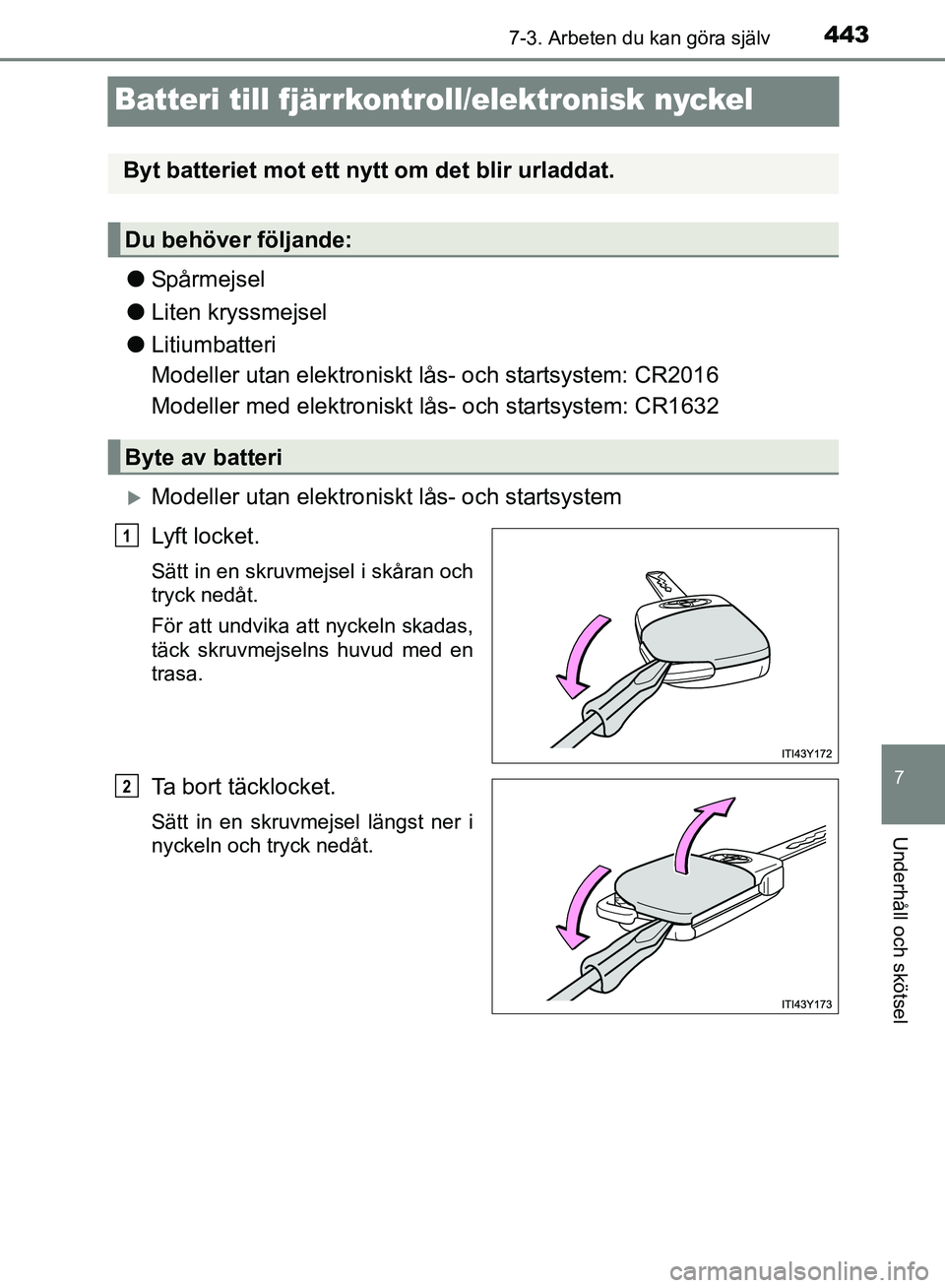 TOYOTA AVENSIS 2017 Bruksanvisningar (in Swedish) 4437-3. Arbeten du kan göra själv
OM20C66SE
7
Underhåll och skötsel
Batteri till fjärrkontroll/elektronisk nyckel
lSpårmejsel
l Liten kryssmejsel
l Litiumbatteri
Modeller utan elektroniskt lås TOYOTA AVENSIS 2017 Bruksanvisningar (in Swedish) 4437-3. Arbeten du kan göra själv
OM20C66SE
7
Underhåll och skötsel
Batteri till fjärrkontroll/elektronisk nyckel
lSpårmejsel
l Liten kryssmejsel
l Litiumbatteri
Modeller utan elektroniskt lås