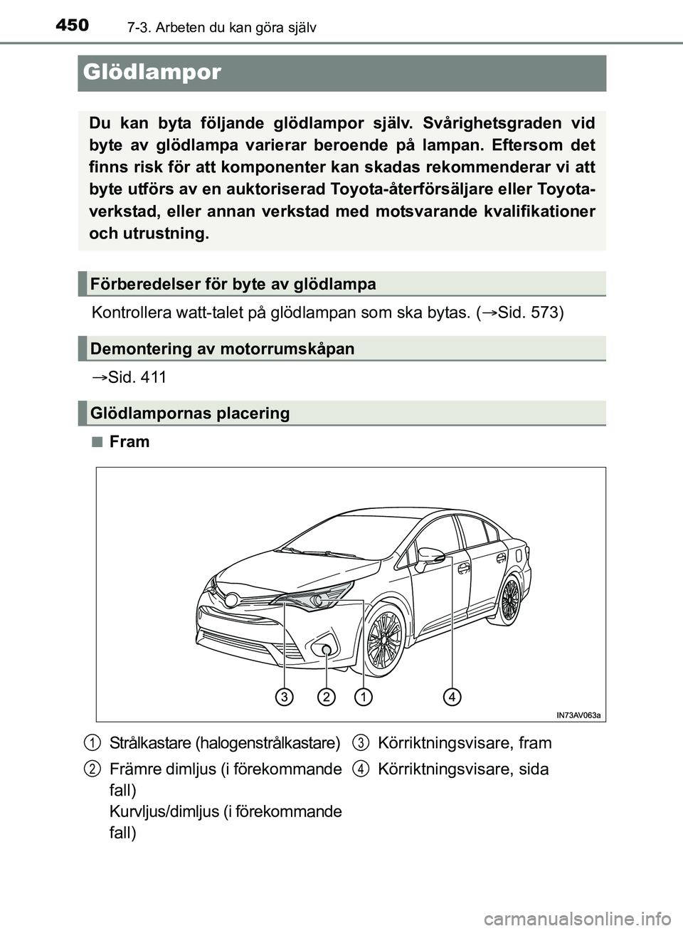 TOYOTA AVENSIS 2017 Bruksanvisningar (in Swedish) 4507-3. Arbeten du kan göra själv
OM20C66SE
Glödlampor
Kontrollera watt-talet på glödlampan som ska bytas. (Sid. 573)
Sid. 411
nFram
Du kan byta följande glödlampor själv. Svårighetsg TOYOTA AVENSIS 2017 Bruksanvisningar (in Swedish) 4507-3. Arbeten du kan göra själv
OM20C66SE
Glödlampor
Kontrollera watt-talet på glödlampan som ska bytas. (Sid. 573)
Sid. 411
nFram
Du kan byta följande glödlampor själv. Svårighetsg