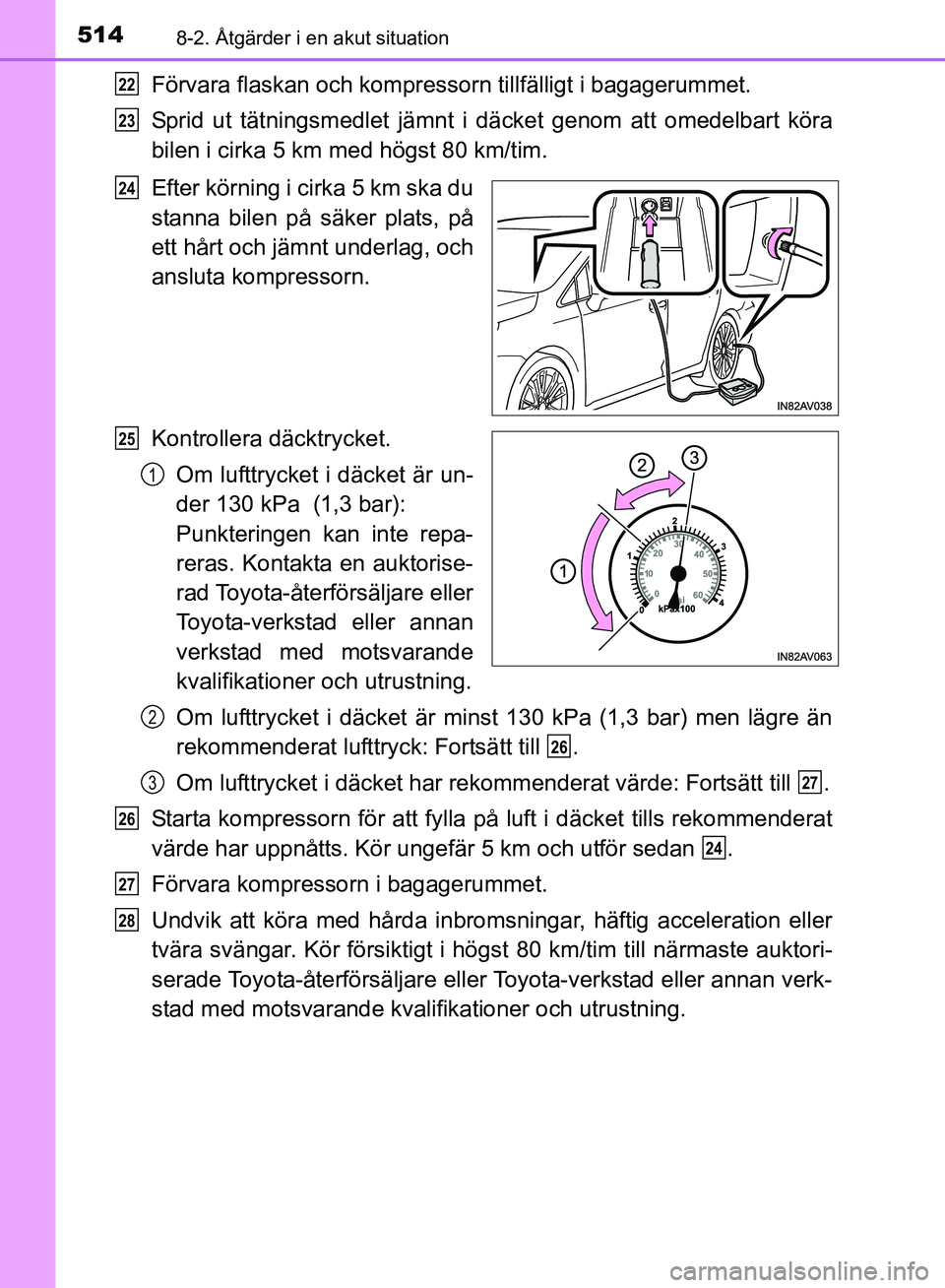 TOYOTA AVENSIS 2017 Bruksanvisningar (in Swedish) 5148-2. Åtgärder i en akut situation
OM20C66SE
Förvara flaskan och kompressorn tillfälligt i bagagerummet.
Sprid ut tätningsmedlet jämnt i däcket genom att omedelbart köra
bilen i cirka 5 km TOYOTA AVENSIS 2017 Bruksanvisningar (in Swedish) 5148-2. Åtgärder i en akut situation
OM20C66SE
Förvara flaskan och kompressorn tillfälligt i bagagerummet.
Sprid ut tätningsmedlet jämnt i däcket genom att omedelbart köra
bilen i cirka 5 km