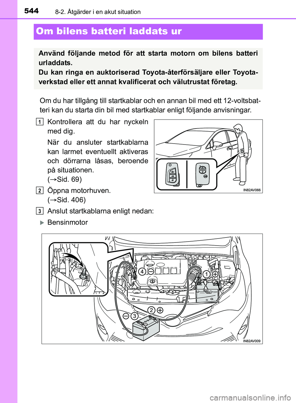 TOYOTA AVENSIS 2017 Bruksanvisningar (in Swedish) 5448-2. Åtgärder i en akut situation
OM20C66SE
Om bilens batteri laddats ur
Om du har tillgång till startkablar och en annan bil med ett 12-voltsbat-
teri kan du starta din bil med startkablar enli TOYOTA AVENSIS 2017 Bruksanvisningar (in Swedish) 5448-2. Åtgärder i en akut situation
OM20C66SE
Om bilens batteri laddats ur
Om du har tillgång till startkablar och en annan bil med ett 12-voltsbat-
teri kan du starta din bil med startkablar enli