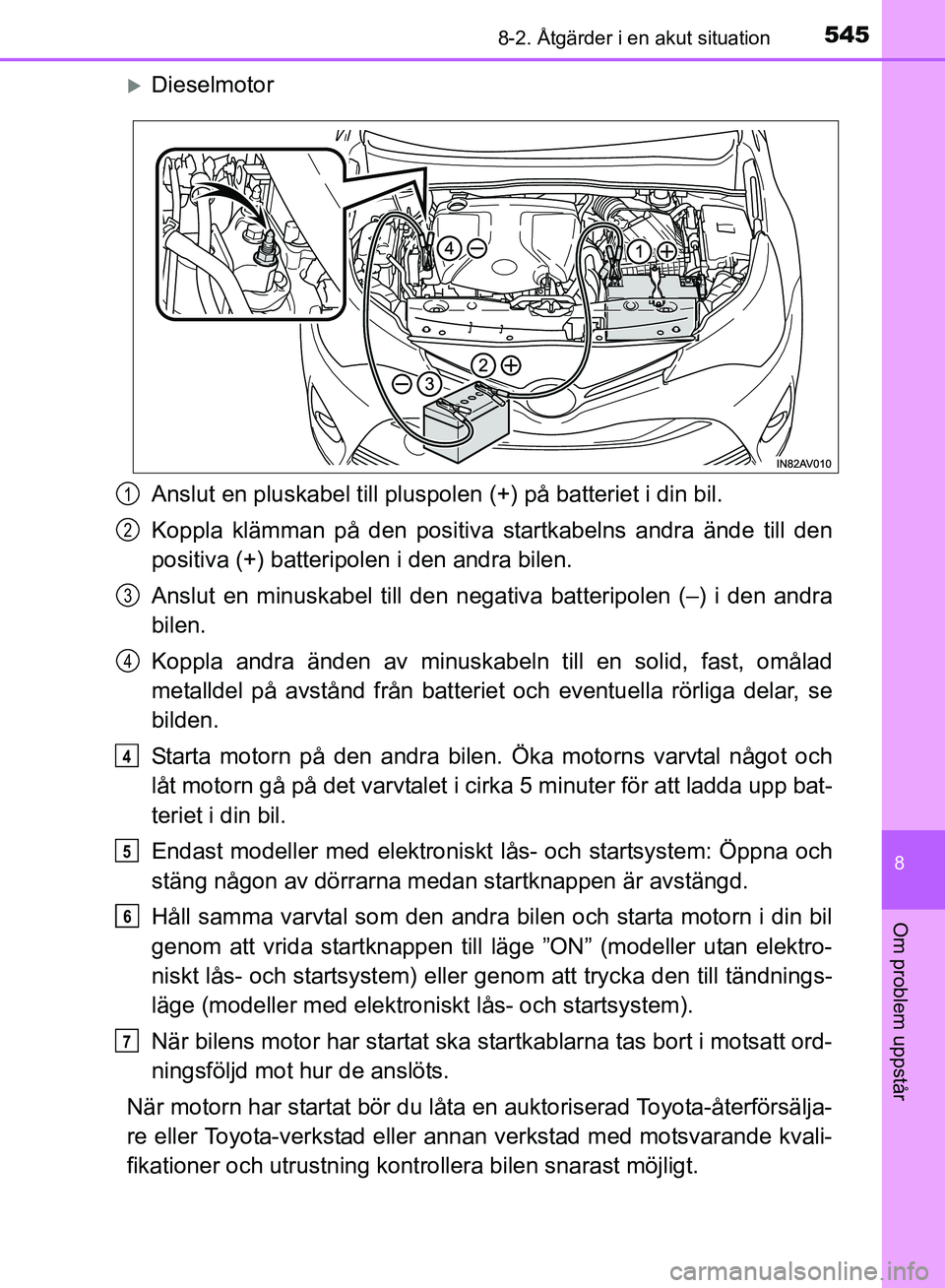 TOYOTA AVENSIS 2017 Bruksanvisningar (in Swedish) 5458-2. Åtgärder i en akut situation
OM20C66SE
8
Om problem uppstår
Dieselmotor
Anslut en pluskabel till pluspolen (+) på batteriet i din bil.
Koppla klämman på den positiva startkabelns andr TOYOTA AVENSIS 2017 Bruksanvisningar (in Swedish) 5458-2. Åtgärder i en akut situation
OM20C66SE
8
Om problem uppstår
Dieselmotor
Anslut en pluskabel till pluspolen (+) på batteriet i din bil.
Koppla klämman på den positiva startkabelns andr