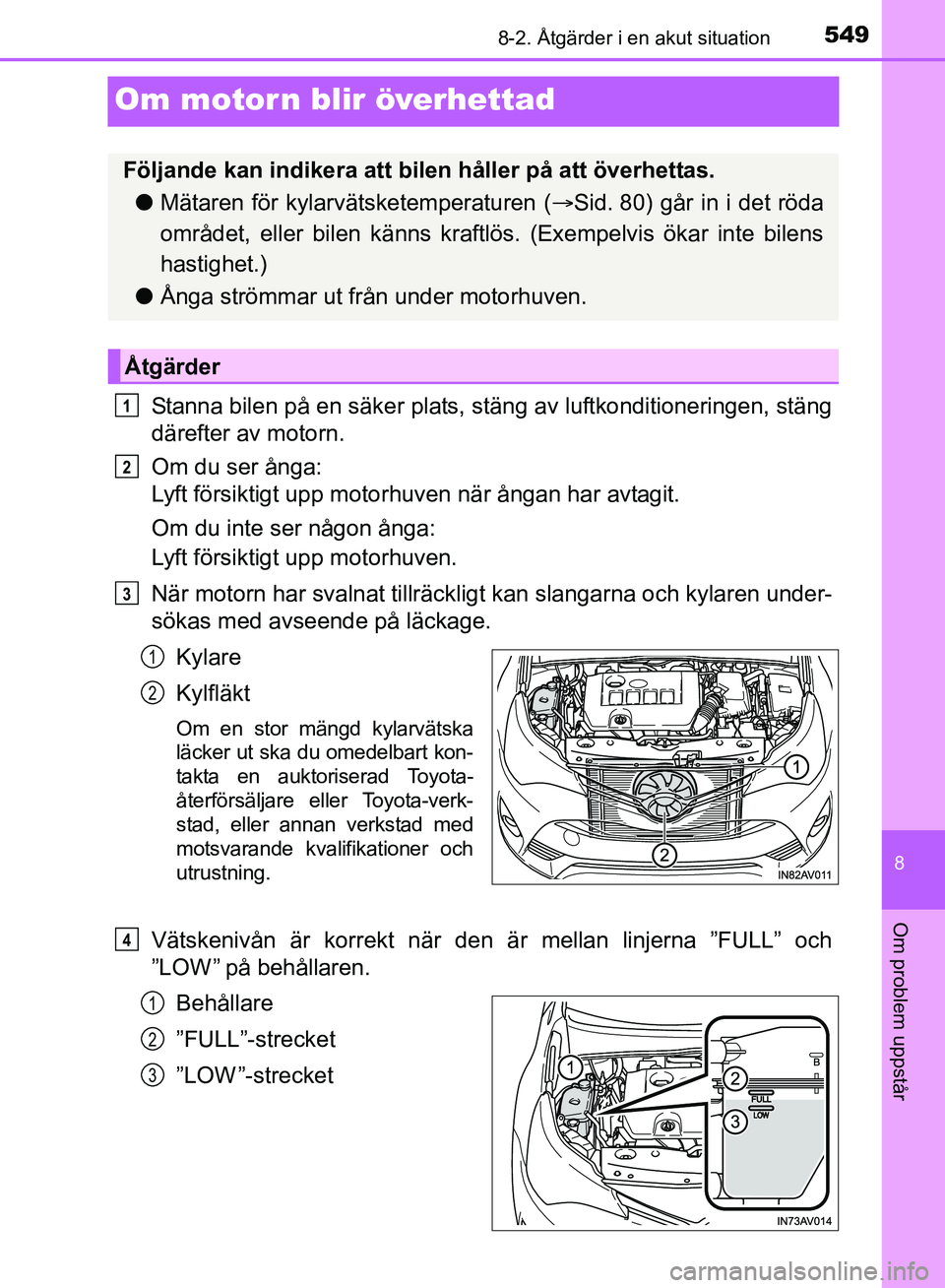 TOYOTA AVENSIS 2017 Bruksanvisningar (in Swedish) 5498-2. Åtgärder i en akut situation
OM20C66SE
8
Om problem uppstår
Om motorn blir överhettad
Stanna bilen på en säker plats, stäng av luftkonditioneringen, stäng
därefter av motorn.
Om du se TOYOTA AVENSIS 2017 Bruksanvisningar (in Swedish) 5498-2. Åtgärder i en akut situation
OM20C66SE
8
Om problem uppstår
Om motorn blir överhettad
Stanna bilen på en säker plats, stäng av luftkonditioneringen, stäng
därefter av motorn.
Om du se