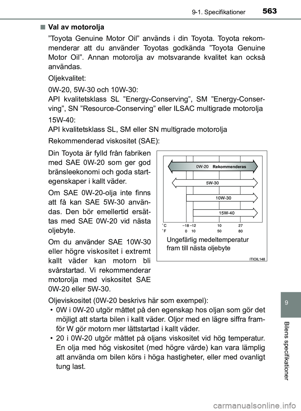 TOYOTA AVENSIS 2017 Bruksanvisningar (in Swedish) 5639-1. Specifikationer
OM20C66SE
9
Bilens specifikationer
nVal av motorolja
”Toyota Genuine Motor Oil” används i din Toyota. Toyota rekom-
menderar att du använder Toyotas godkända ”Toyota G TOYOTA AVENSIS 2017 Bruksanvisningar (in Swedish) 5639-1. Specifikationer
OM20C66SE
9
Bilens specifikationer
nVal av motorolja
”Toyota Genuine Motor Oil” används i din Toyota. Toyota rekom-
menderar att du använder Toyotas godkända ”Toyota G