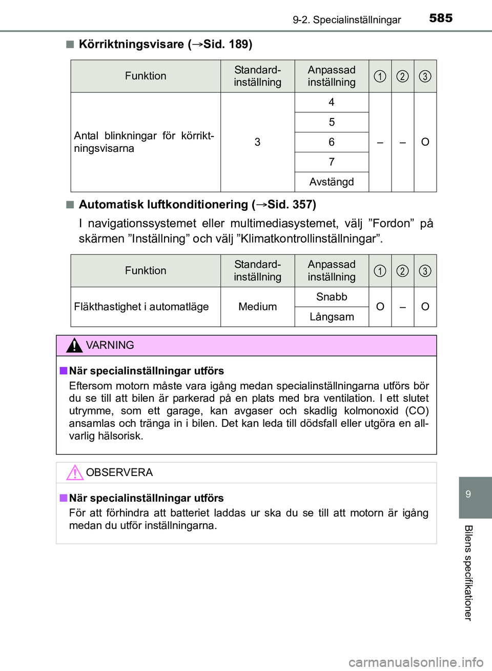 TOYOTA AVENSIS 2017 Bruksanvisningar (in Swedish) 5859-2. Specialinställningar
OM20C66SE
9
Bilens specifikationer
nKörriktningsvisare (Sid. 189)
nAutomatisk luftkonditionering ( Sid. 357)
I navigationssystemet eller multimediasystemet, välj TOYOTA AVENSIS 2017 Bruksanvisningar (in Swedish) 5859-2. Specialinställningar
OM20C66SE
9
Bilens specifikationer
nKörriktningsvisare (Sid. 189)
nAutomatisk luftkonditionering ( Sid. 357)
I navigationssystemet eller multimediasystemet, välj