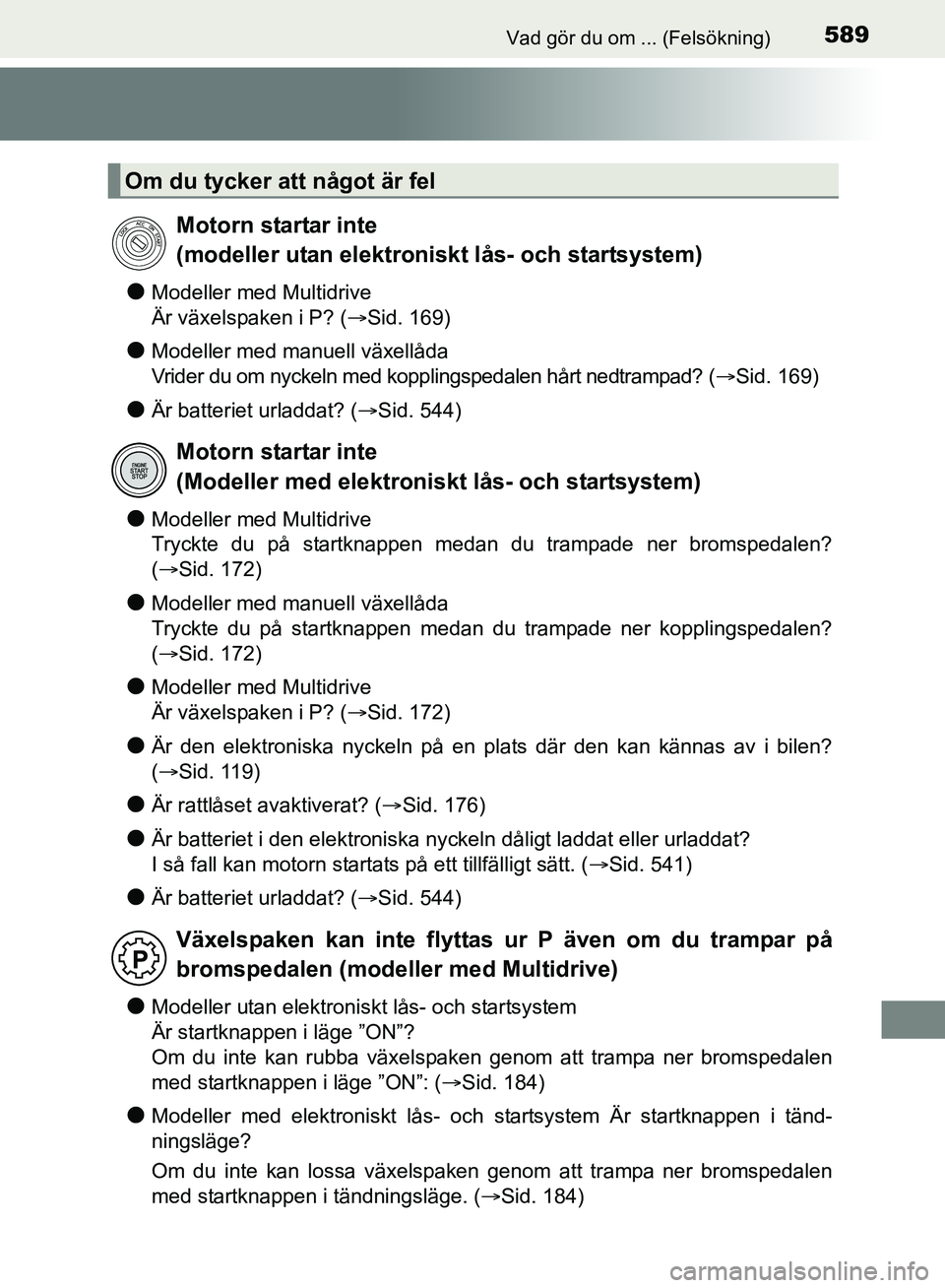 TOYOTA AVENSIS 2017 Bruksanvisningar (in Swedish) 589Vad gör du om ... (Felsökning)
OM20C66SE
lModeller med Multidrive
Är växelspaken i P? (Sid. 169)
lModeller med manuell växellåda
Vrider du om nyckeln med kopplingspedalen hårt nedtrampad? TOYOTA AVENSIS 2017 Bruksanvisningar (in Swedish) 589Vad gör du om ... (Felsökning)
OM20C66SE
lModeller med Multidrive
Är växelspaken i P? (Sid. 169)
lModeller med manuell växellåda
Vrider du om nyckeln med kopplingspedalen hårt nedtrampad?