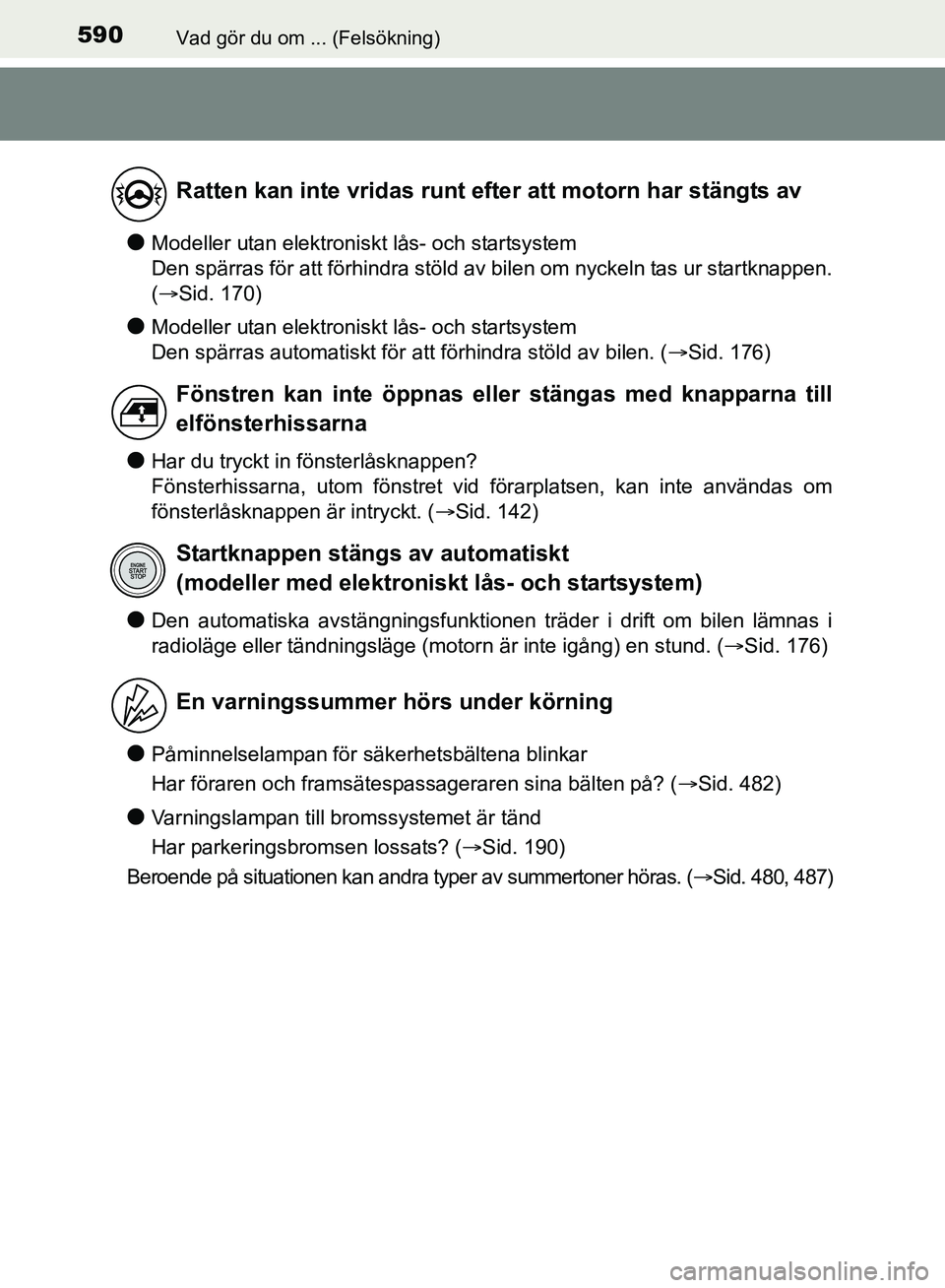 TOYOTA AVENSIS 2017 Bruksanvisningar (in Swedish) 590Vad gör du om ... (Felsökning)
OM20C66SE
lModeller utan elektroniskt lås- och startsystem
Den spärras för att förhindra stöld av bilen om nyckeln tas ur startknappen.
( Sid. 170)
lModell TOYOTA AVENSIS 2017 Bruksanvisningar (in Swedish) 590Vad gör du om ... (Felsökning)
OM20C66SE
lModeller utan elektroniskt lås- och startsystem
Den spärras för att förhindra stöld av bilen om nyckeln tas ur startknappen.
( Sid. 170)
lModell