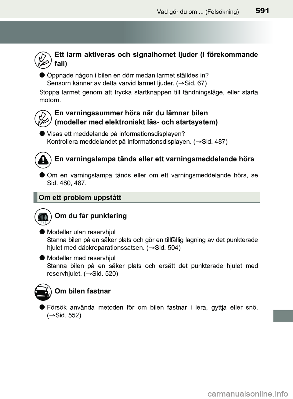 TOYOTA AVENSIS 2017 Bruksanvisningar (in Swedish) 591Vad gör du om ... (Felsökning)
OM20C66SE
lÖppnade någon i bilen en dörr medan larmet ställdes in?
Sensorn känner av detta varvid larmet ljuder. (Sid. 67)
Stoppa larmet genom att trycka s TOYOTA AVENSIS 2017 Bruksanvisningar (in Swedish) 591Vad gör du om ... (Felsökning)
OM20C66SE
lÖppnade någon i bilen en dörr medan larmet ställdes in?
Sensorn känner av detta varvid larmet ljuder. (Sid. 67)
Stoppa larmet genom att trycka s