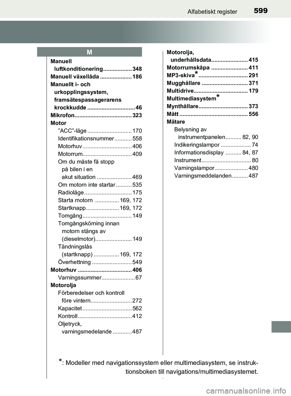 TOYOTA AVENSIS 2017 Bruksanvisningar (in Swedish) 599Alfabetiskt register
OM20C66SE
Manuell luftkonditionering .................. 348
Manuell växellåda .................... 186
Manuellt i- och urkopplingssystem,
framsätespassagerarens
krockkudd TOYOTA AVENSIS 2017 Bruksanvisningar (in Swedish) 599Alfabetiskt register
OM20C66SE
Manuell luftkonditionering .................. 348
Manuell växellåda .................... 186
Manuellt i- och urkopplingssystem,
framsätespassagerarens
krockkudd