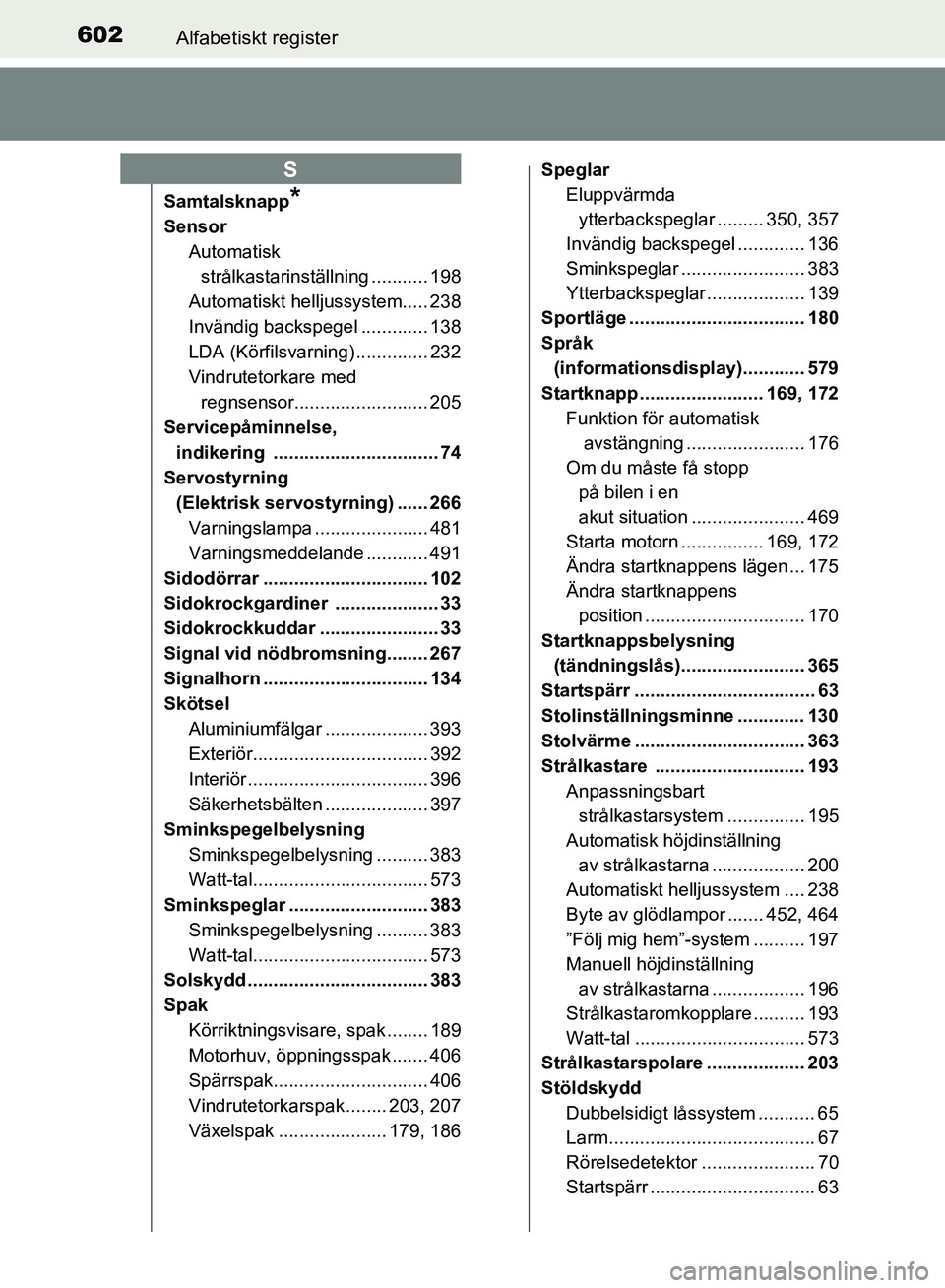 TOYOTA AVENSIS 2017 Bruksanvisningar (in Swedish) 602Alfabetiskt register
OM20C66SE
Samtalsknapp*
SensorAutomatisk strålkastarinställning ........... 198
Automatiskt helljussystem..... 238
Invändig backspegel ............. 138
LDA (Körfilsvarning TOYOTA AVENSIS 2017 Bruksanvisningar (in Swedish) 602Alfabetiskt register
OM20C66SE
Samtalsknapp*
SensorAutomatisk strålkastarinställning ........... 198
Automatiskt helljussystem..... 238
Invändig backspegel ............. 138
LDA (Körfilsvarning