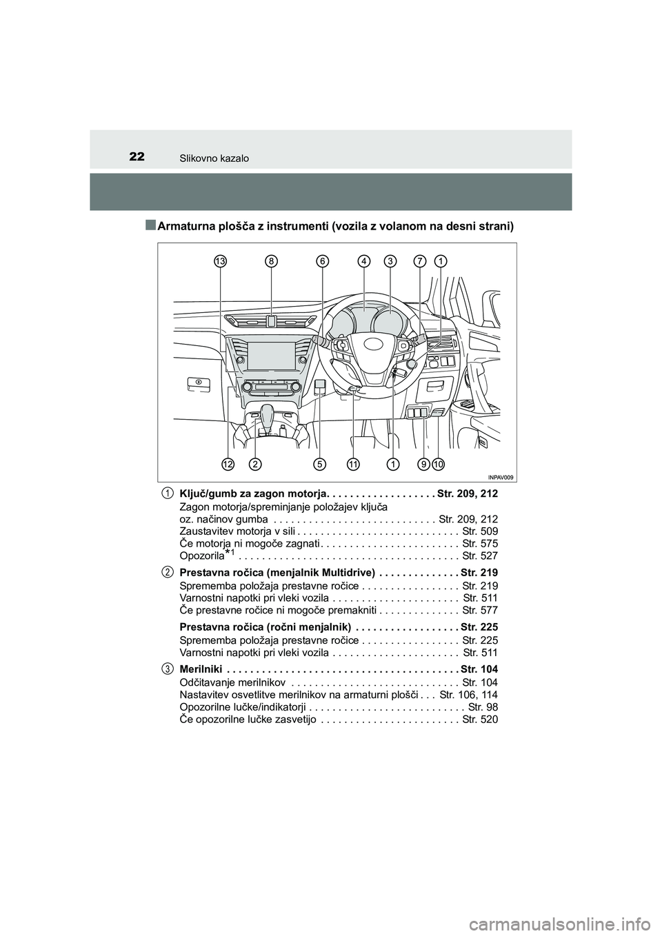 TOYOTA AVENSIS 2017 Navodila Za Uporabo (in Slovenian) 22Slikovno kazalo
AVENSIS_OM_OM20C20E_(EE)
■Armaturna plošča z instrumenti (vozila z volanom na desni strani)
Ključ/gumb za zagon motorja. . . . . . . . . . . . . . . . . . . Str. 209, 212
Zagon TOYOTA AVENSIS 2017 Navodila Za Uporabo (in Slovenian) 22Slikovno kazalo
AVENSIS_OM_OM20C20E_(EE)
■Armaturna plošča z instrumenti (vozila z volanom na desni strani)
Ključ/gumb za zagon motorja. . . . . . . . . . . . . . . . . . . Str. 209, 212
Zagon