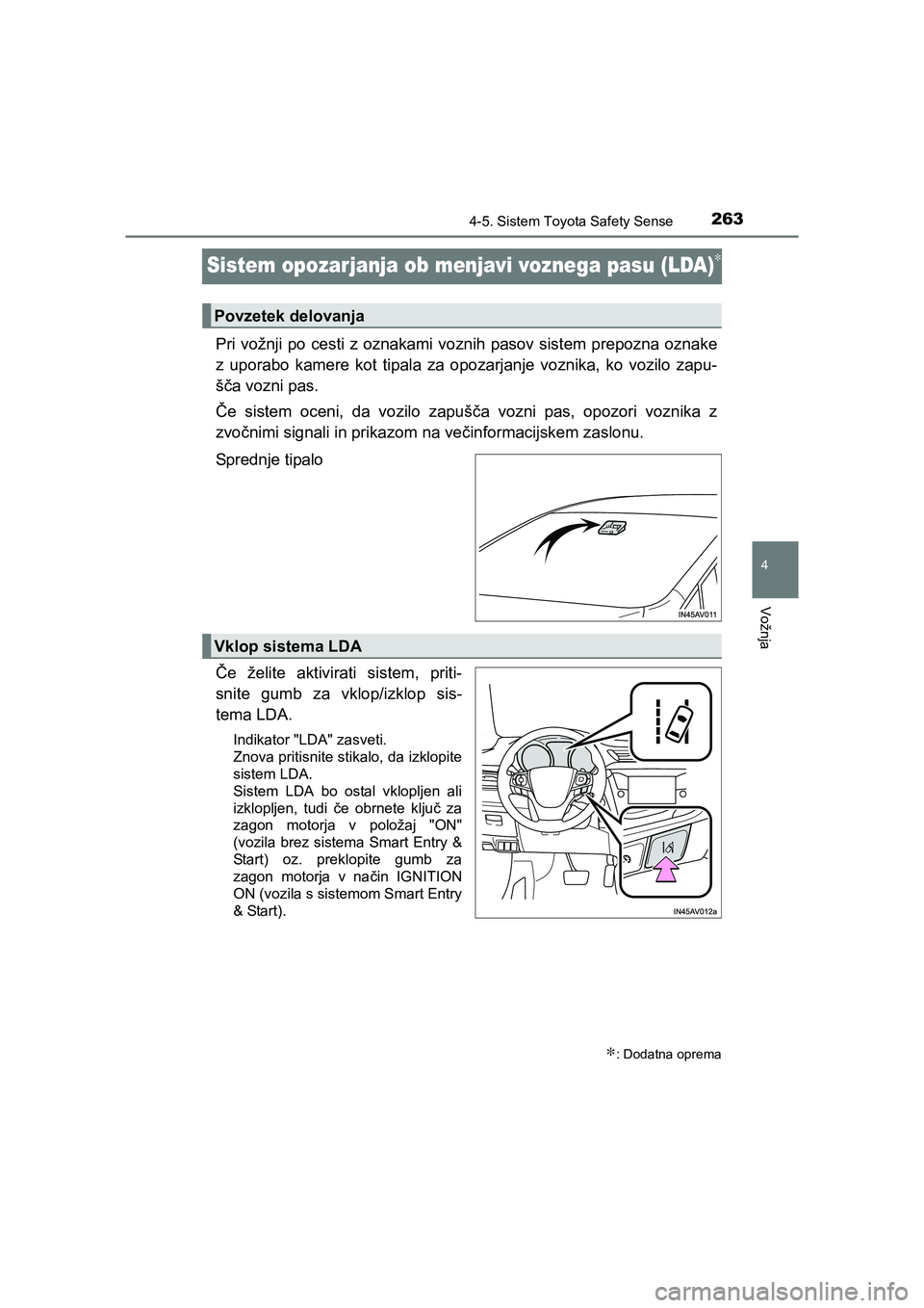 TOYOTA AVENSIS 2017 Navodila Za Uporabo (in Slovenian) 263
4
4-5. Sistem Toyota Safety Sense
Vožnja
AVENSIS_OM_OM20C20E_(EE)
Sistem opozarjanja ob menjavi voznega pasu (LDA)∗
Pri vožnji po cesti z oznakami voznih pasov sistem prepozna oznake
z uporabo TOYOTA AVENSIS 2017 Navodila Za Uporabo (in Slovenian) 263
4
4-5. Sistem Toyota Safety Sense
Vožnja
AVENSIS_OM_OM20C20E_(EE)
Sistem opozarjanja ob menjavi voznega pasu (LDA)∗
Pri vožnji po cesti z oznakami voznih pasov sistem prepozna oznake
z uporabo