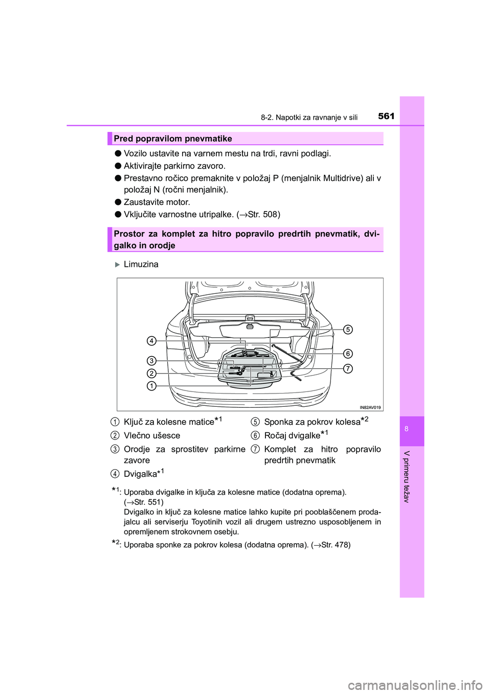 TOYOTA AVENSIS 2017  Navodila Za Uporabo (in Slovenian) 5618-2. Napotki za ravnanje v sili
AVENSIS_OM_OM20C20E_(EE)
8
V primeru težav
●Vozilo ustavite na varnem mestu na trdi, ravni podlagi.
●Aktivirajte parkirno zavoro.
●Prestavno ročico premaknit