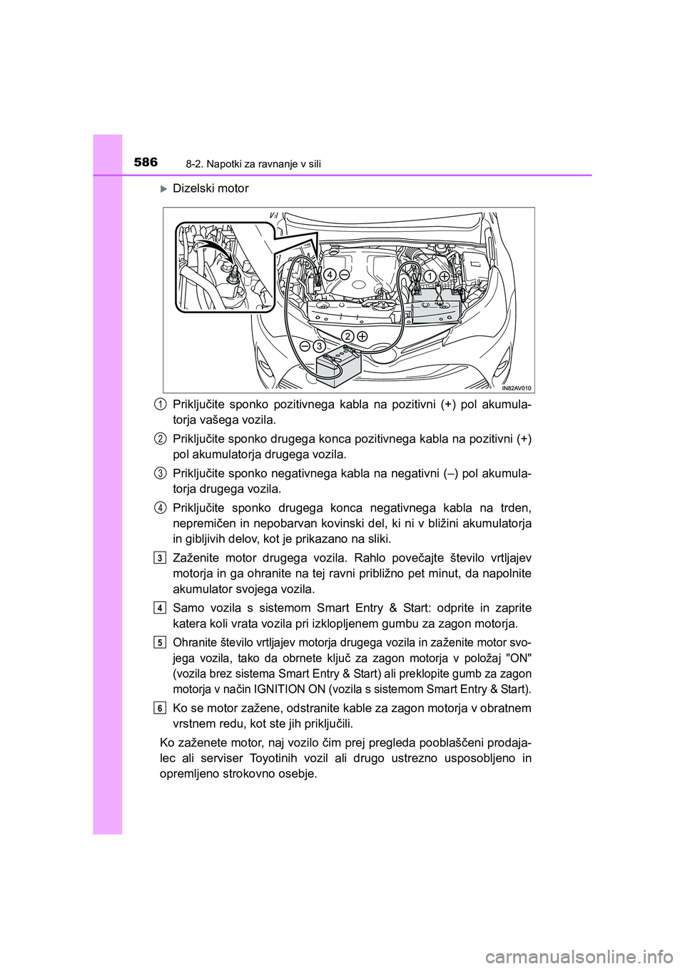 TOYOTA AVENSIS 2017  Navodila Za Uporabo (in Slovenian) 5868-2. Napotki za ravnanje v sili
AVENSIS_OM_OM20C20E_(EE)
�XDizelski motor
Priključite sponko pozitivnega kabla na pozitivni (+) pol akumula-
torja vašega vozila.
Priključite sponko drugega konca