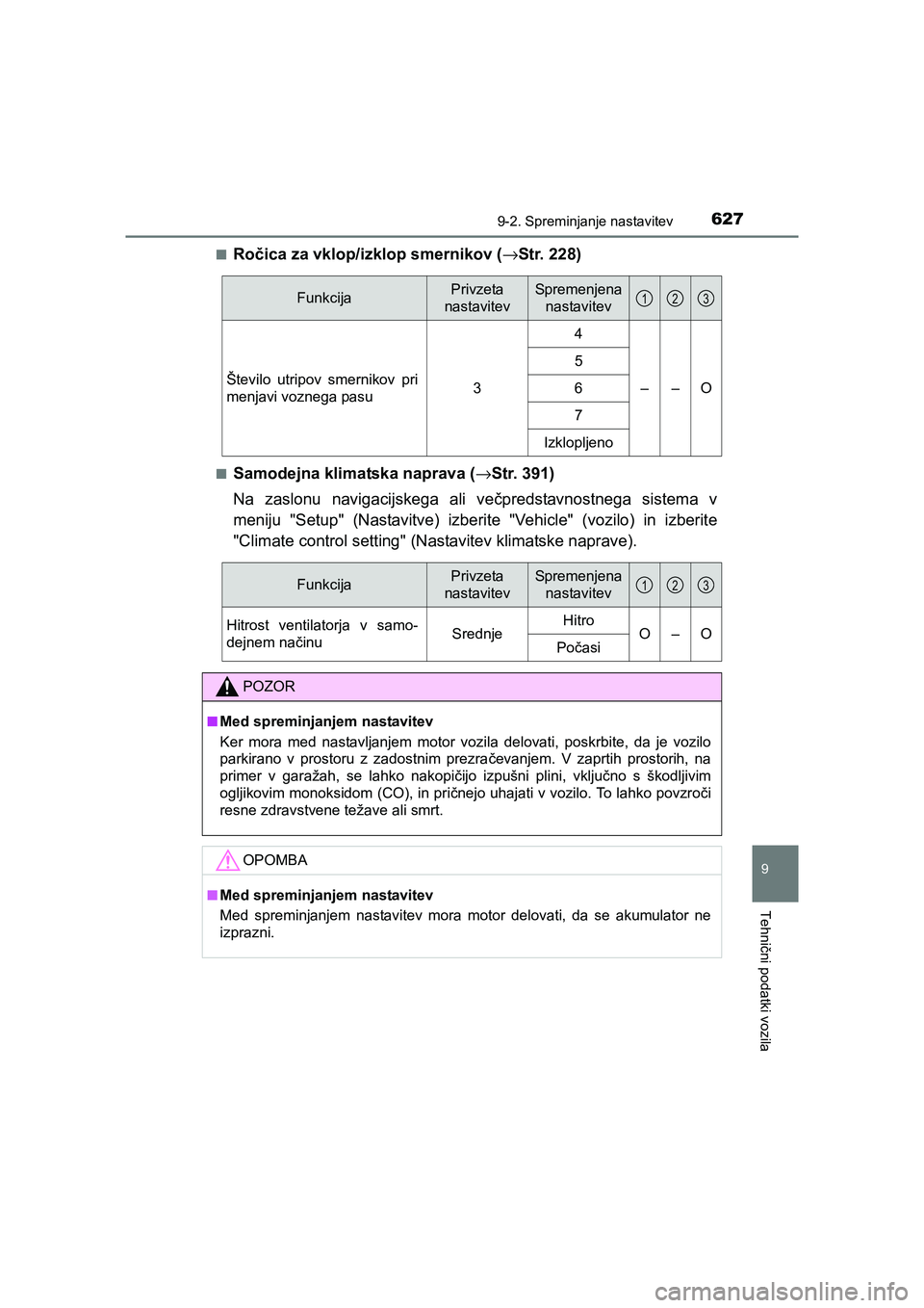 TOYOTA AVENSIS 2017  Navodila Za Uporabo (in Slovenian) 6279-2. Spreminjanje nastavitev
AVENSIS_OM_OM20C20E_(EE)
9
Tehnični podatki vozila
■Ročica za vklop/izklop smernikov (→Str. 228)
■Samodejna klimatska naprava (→Str. 391)
Na zaslonu navigacij