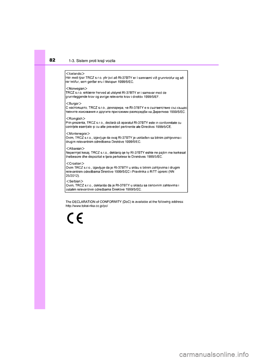 TOYOTA AVENSIS 2017  Navodila Za Uporabo (in Slovenian) 821-3. Sistem proti kraji vozila
AVENSIS_OM_OM20C20E_(EE)
AVENSIS_OM_OM20C20E_(EE).book  Page 82  Sunday, July 12, 2015  9:56 PM 