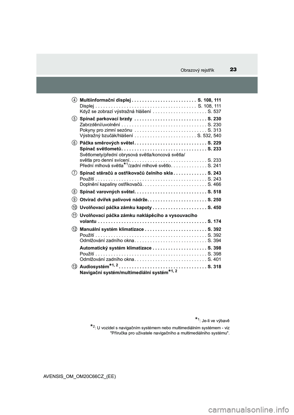 TOYOTA AVENSIS 2017 Návod na použití (in Czech) 23Obrazový rejstřík
AVENSIS_OM_OM20C66CZ_(EE)Multiinformační displej . . . . . . . . . . . . . . . . . . . . . . . . . S. 108, 111
Displej . . . . . . . . . . . . . . . . . . . . . . . . . . . TOYOTA AVENSIS 2017 Návod na použití (in Czech) 23Obrazový rejstřík
AVENSIS_OM_OM20C66CZ_(EE)Multiinformační displej . . . . . . . . . . . . . . . . . . . . . . . . . S. 108, 111
Displej . . . . . . . . . . . . . . . . . . . . . . . . . . .