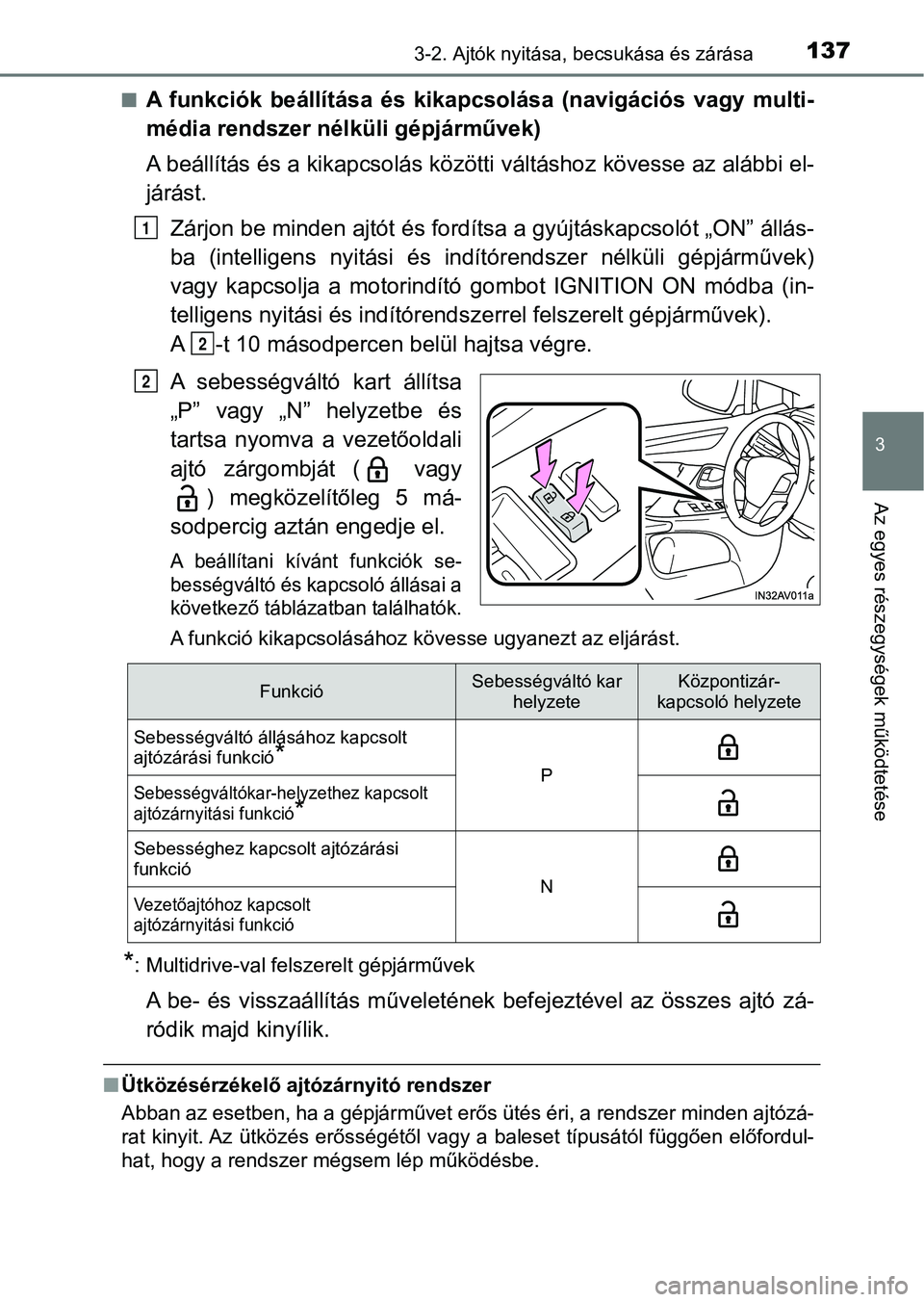 TOYOTA AVENSIS 2017 Kezelési útmutató (in Hungarian) 1373-2. Ajtók nyitása, becsukása és zárása
3
Az egyes részegységek működtetése
nA funkciók beállítása és kikapcsolása (navigációs vagy multi-
média rendszer nélk üli gépj TOYOTA AVENSIS 2017 Kezelési útmutató (in Hungarian) 1373-2. Ajtók nyitása, becsukása és zárása
3
Az egyes részegységek működtetése
nA funkciók beállítása és kikapcsolása (navigációs vagy multi-
média rendszer nélk üli gépj