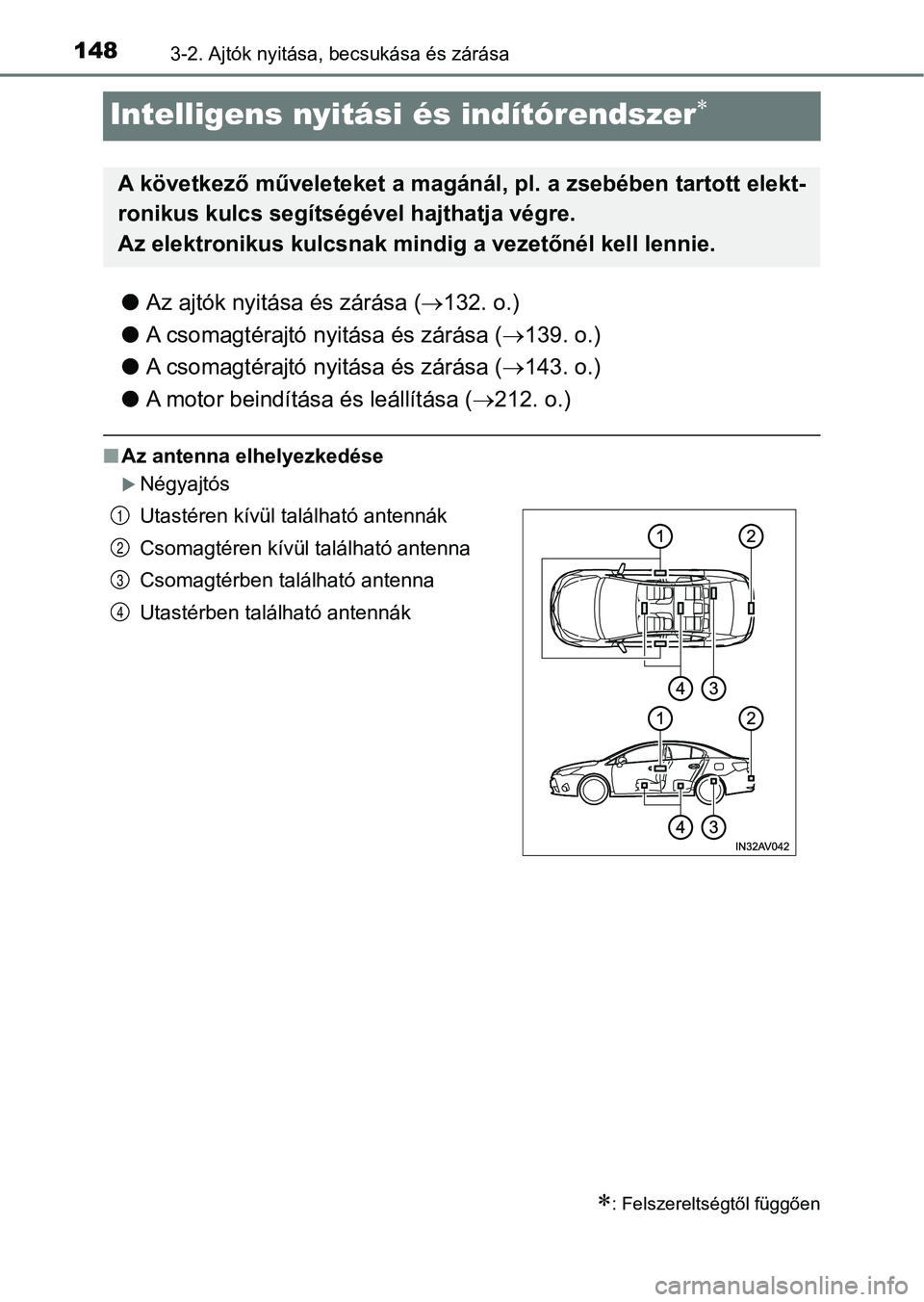 TOYOTA AVENSIS 2017 Kezelési útmutató (in Hungarian) 1483-2. Ajtók nyitása, becsukása és zárása
Intelligens nyitási és indítórendszer
lAz ajtók nyitása és zárása ( 132. o.)
l A csomagtérajtó nyitása és zárása ( 139. o.)
l A TOYOTA AVENSIS 2017 Kezelési útmutató (in Hungarian) 1483-2. Ajtók nyitása, becsukása és zárása
Intelligens nyitási és indítórendszer
lAz ajtók nyitása és zárása ( 132. o.)
l A csomagtérajtó nyitása és zárása ( 139. o.)
l A